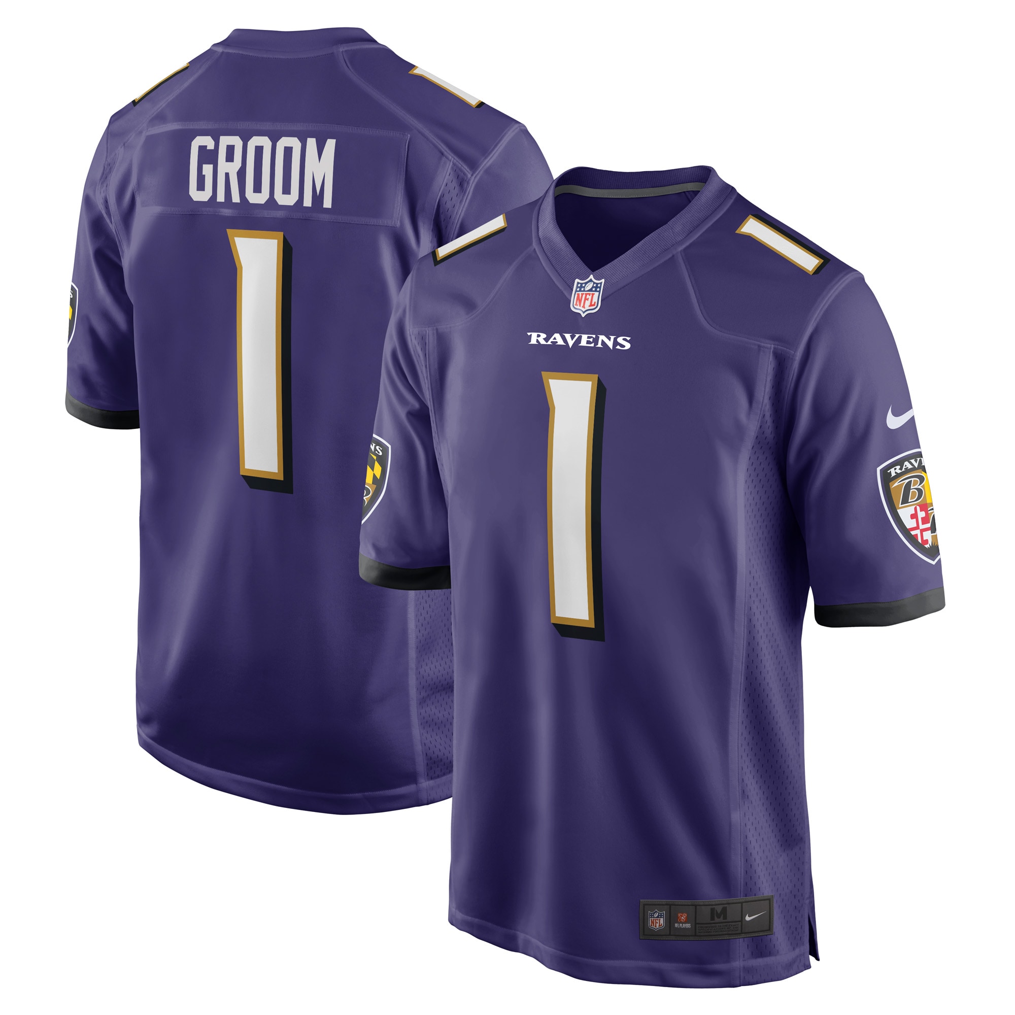 Men's Baltimore Ravens Number 1 Groom Purple Game Jersey JS4709 Saliibo
