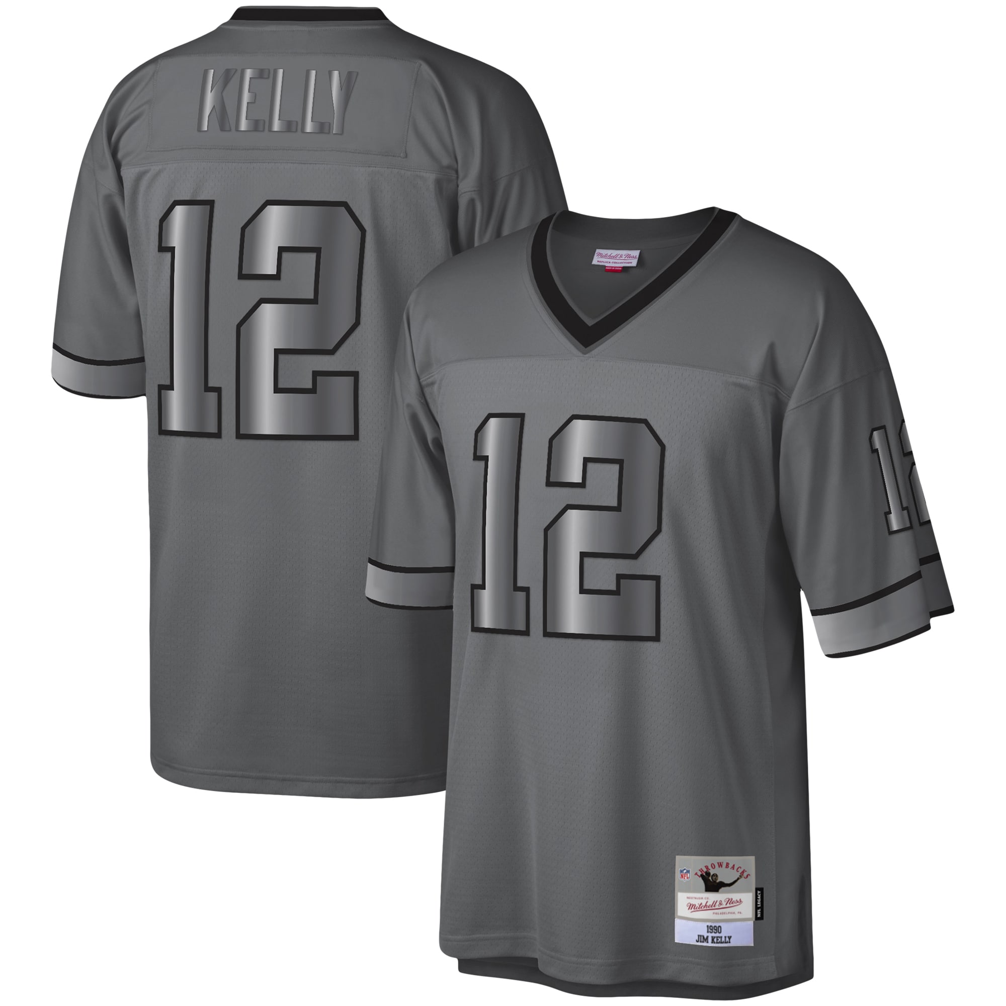 Men's Buffalo Bills Jim Kelly Mitchell & Ness Charcoal 1990 Retired Player Metal Legacy Jersey JS5335 Saliibo