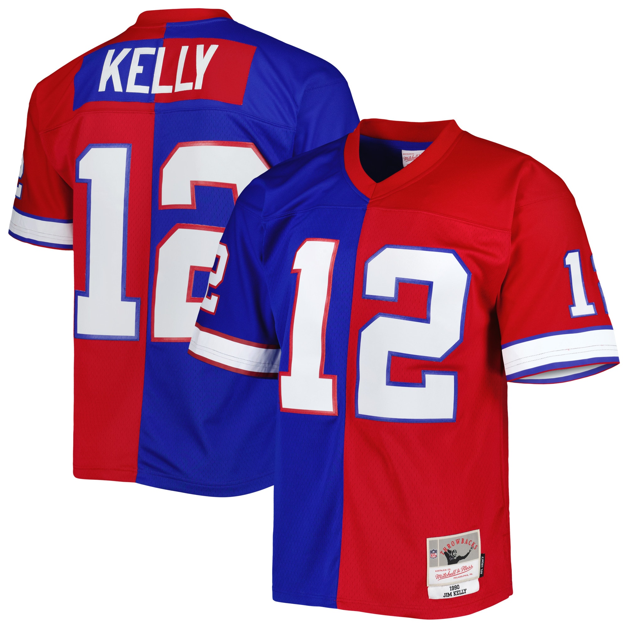 Men's Buffalo Bills Jim Kelly Mitchell & Ness Royal/Red 1990 Split Legacy Jersey JS4531 Saliibo