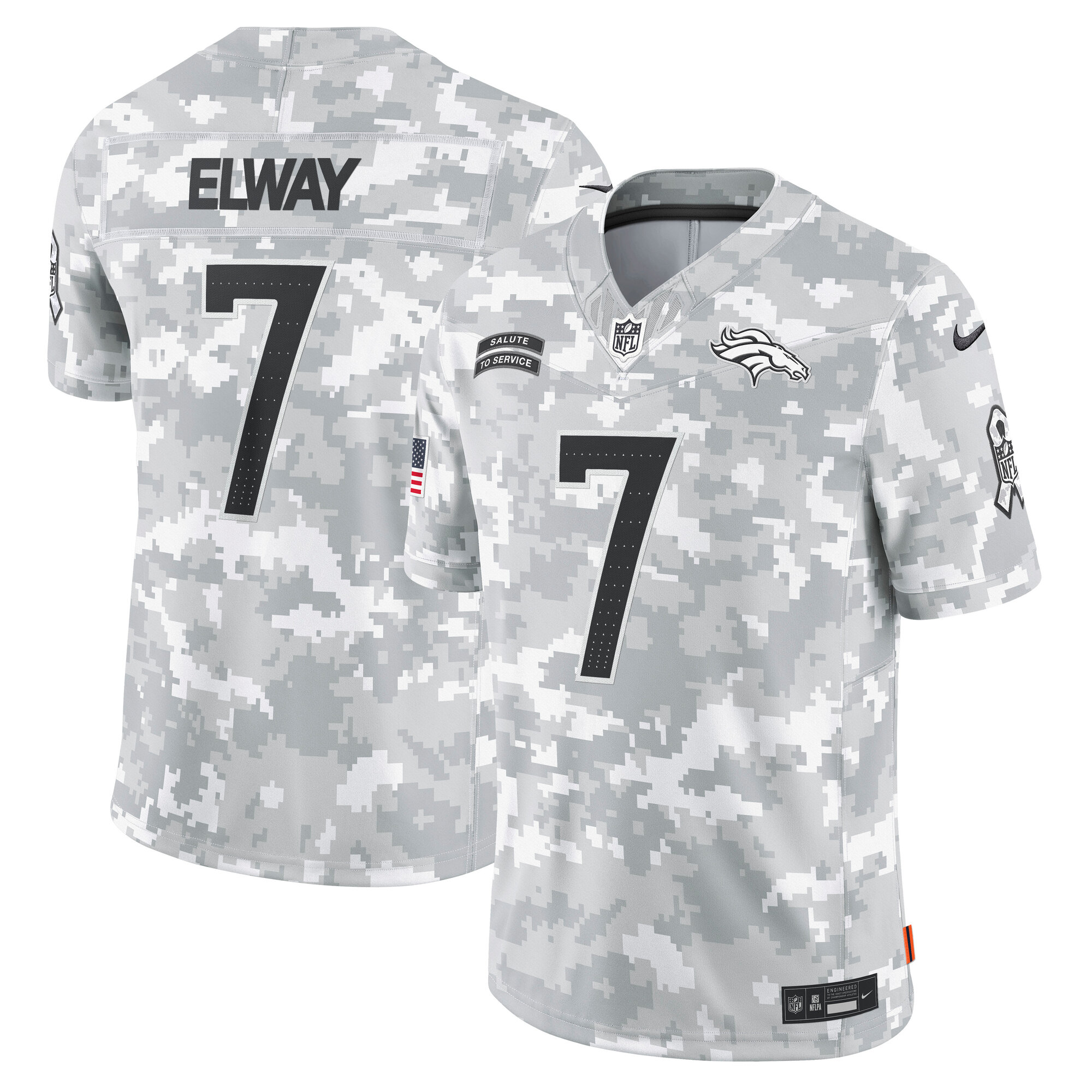 Men's Denver Broncos John Elway Arctic Camo 2024 Salute to Service Retired Player Limited Jersey JS6653 Saliibo