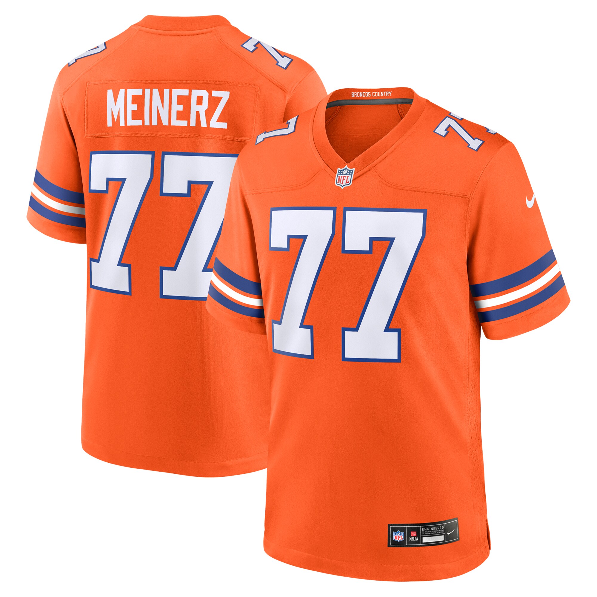 Men's Denver Broncos Quinn Meinerz Orange Mile High Collection 1977 Throwback Player Game Jersey JS8125 Saliibo