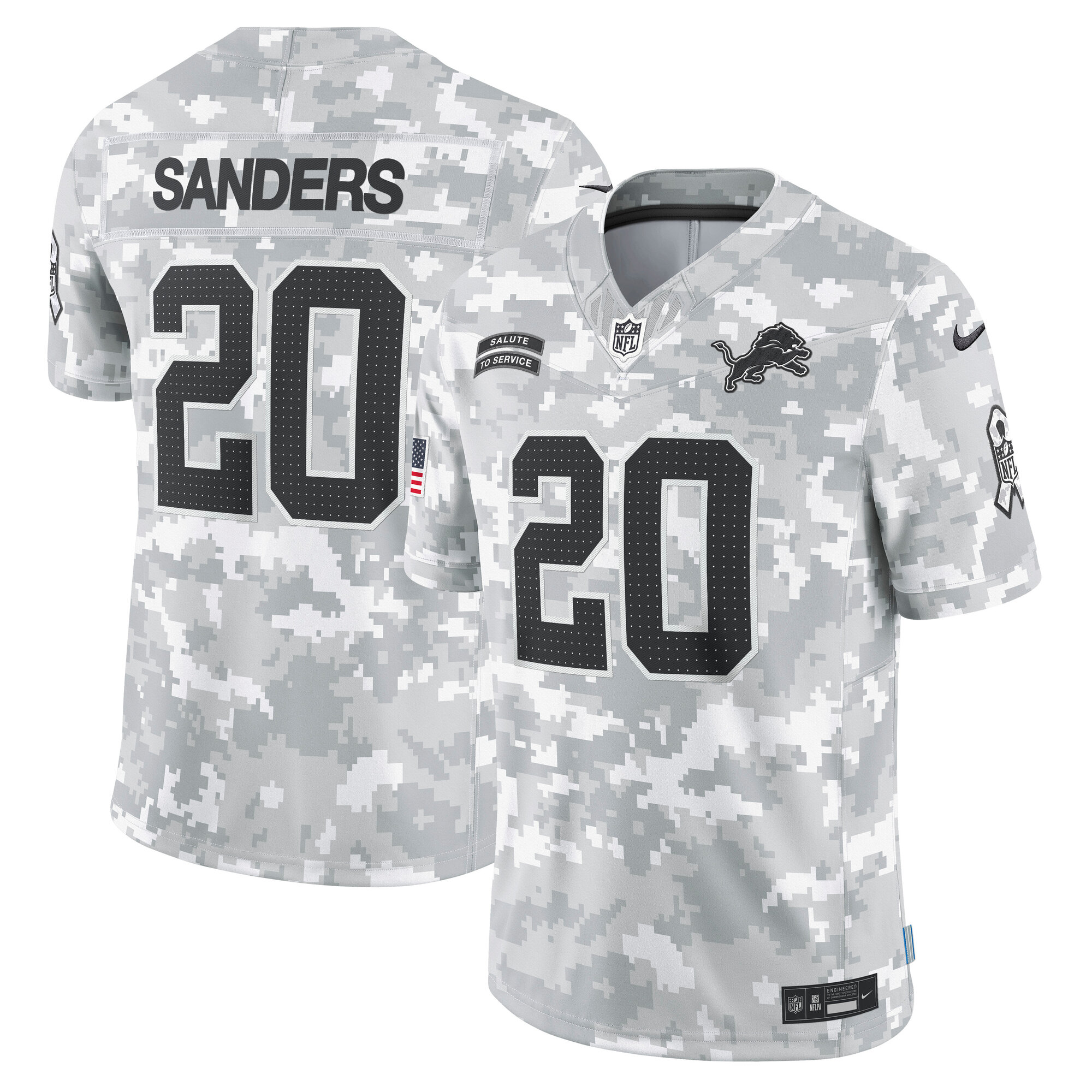 Men's Detroit Lions Barry Sanders Arctic Camo 2024 Salute to Service Retired Player Limited Jersey JS2709 Saliibo