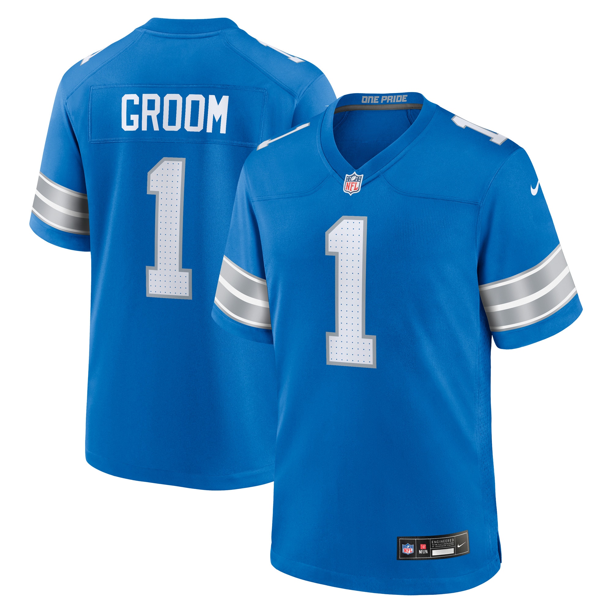 Men's Detroit Lions Number 1 Groom Blue Game Jersey JS3498 Saliibo
