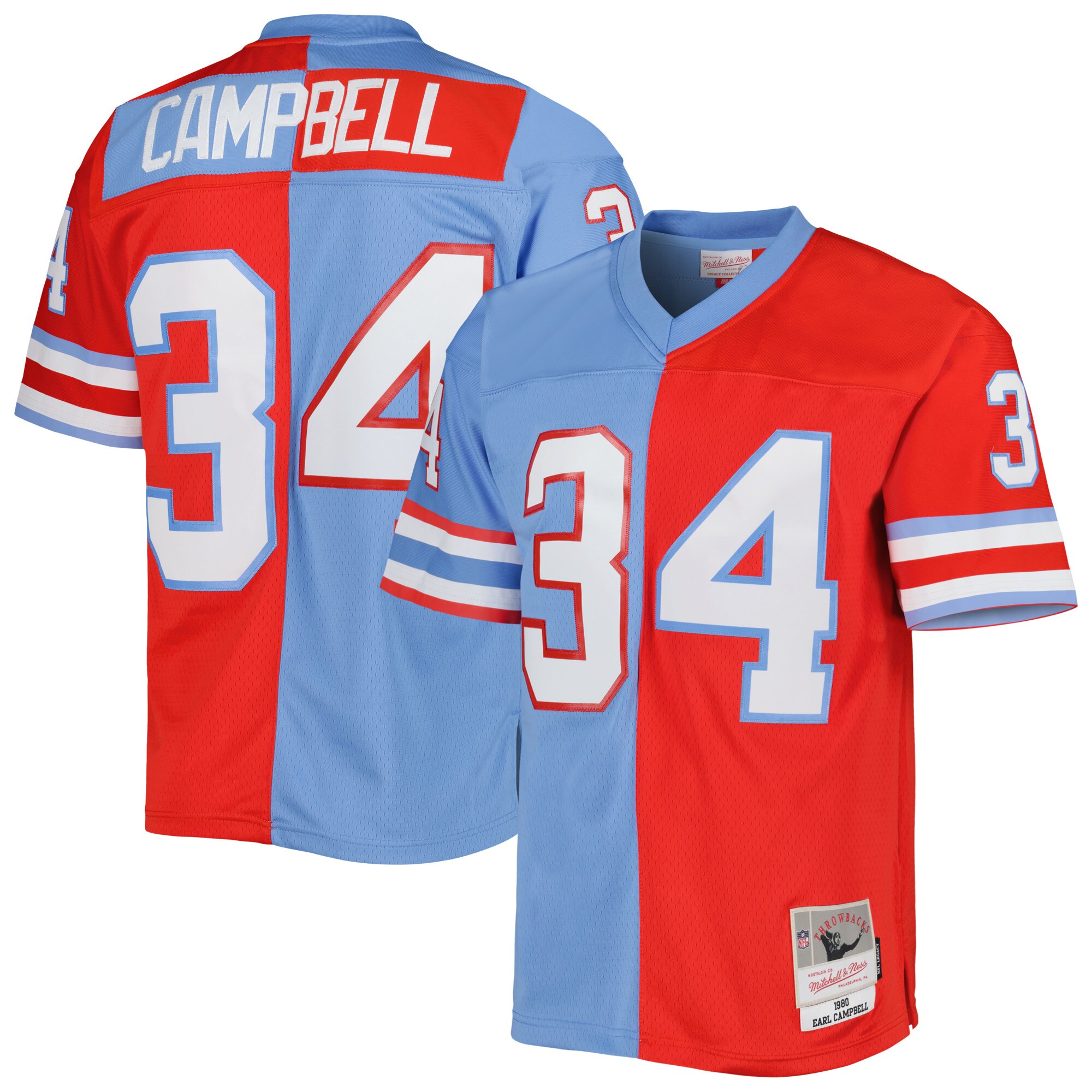 Men's Houston Oilers Earl Campbell Mitchell & Ness Red/Light Blue Gridiron Classics 1980 Split Legacy Jersey JS3158 Saliibo