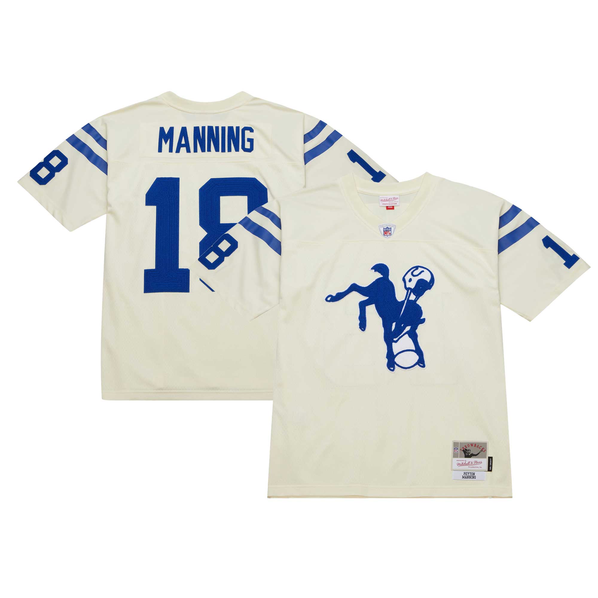 Men's Indianapolis Colts Peyton Manning Mitchell & Ness Cream Chainstitch Legacy Jersey JS5232 Saliibo