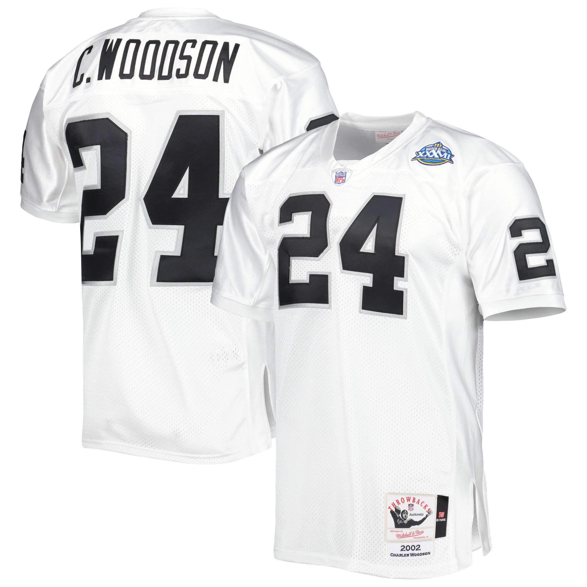 Men's Las Vegas Raiders 2002 Charles Woodson Mitchell & Ness White Throwback Retired Player Jersey JS9986 Saliibo