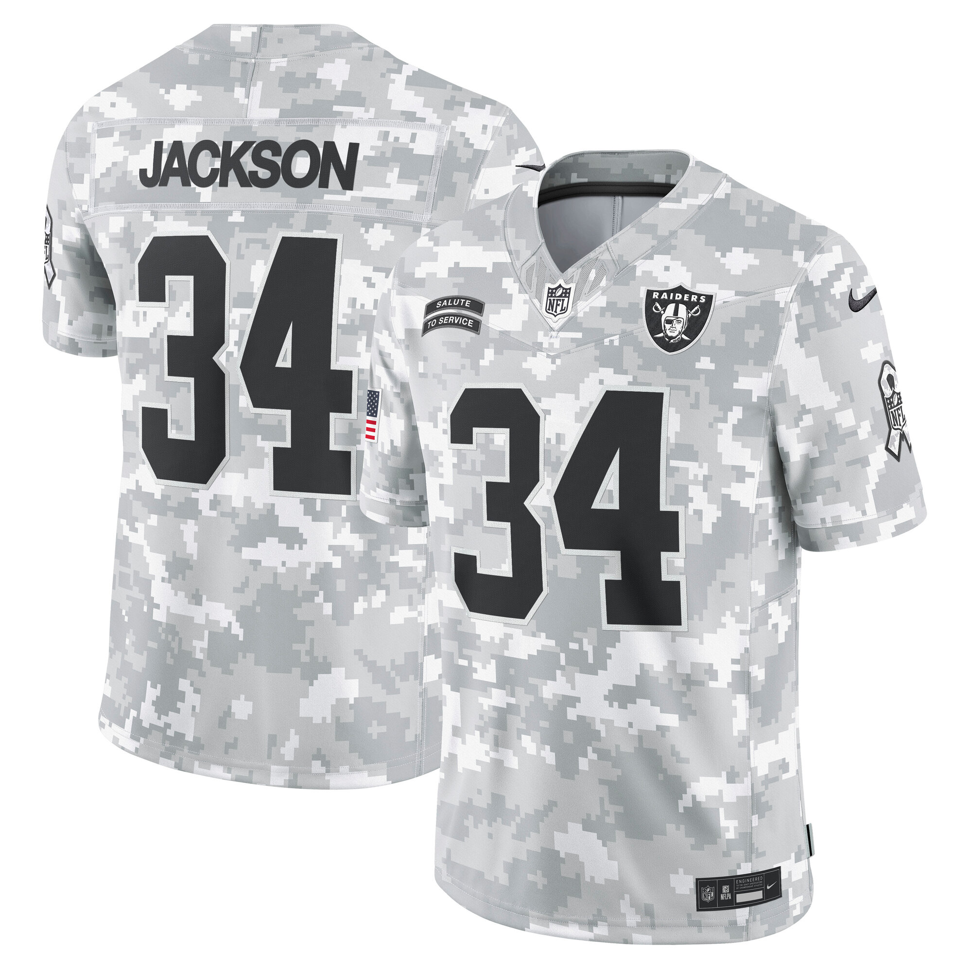 Men's Las Vegas Raiders Bo Jackson Arctic Camo 2024 Salute to Service Retired Player Limited Jersey JS2034 Saliibo