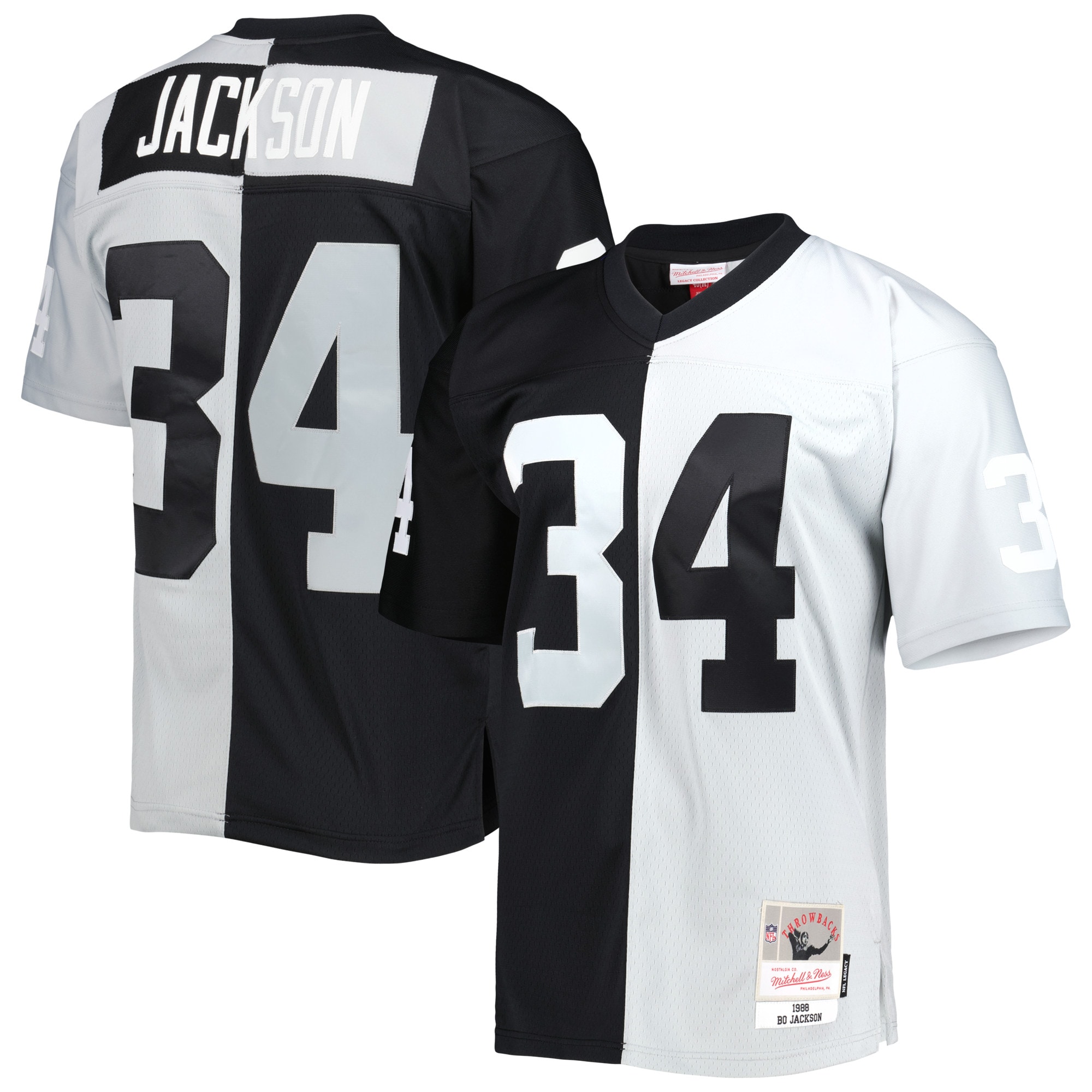 Men's Las Vegas Raiders Bo Jackson Mitchell & Ness Black/Silver 1988 Split Legacy Jersey JS1802 Saliibo