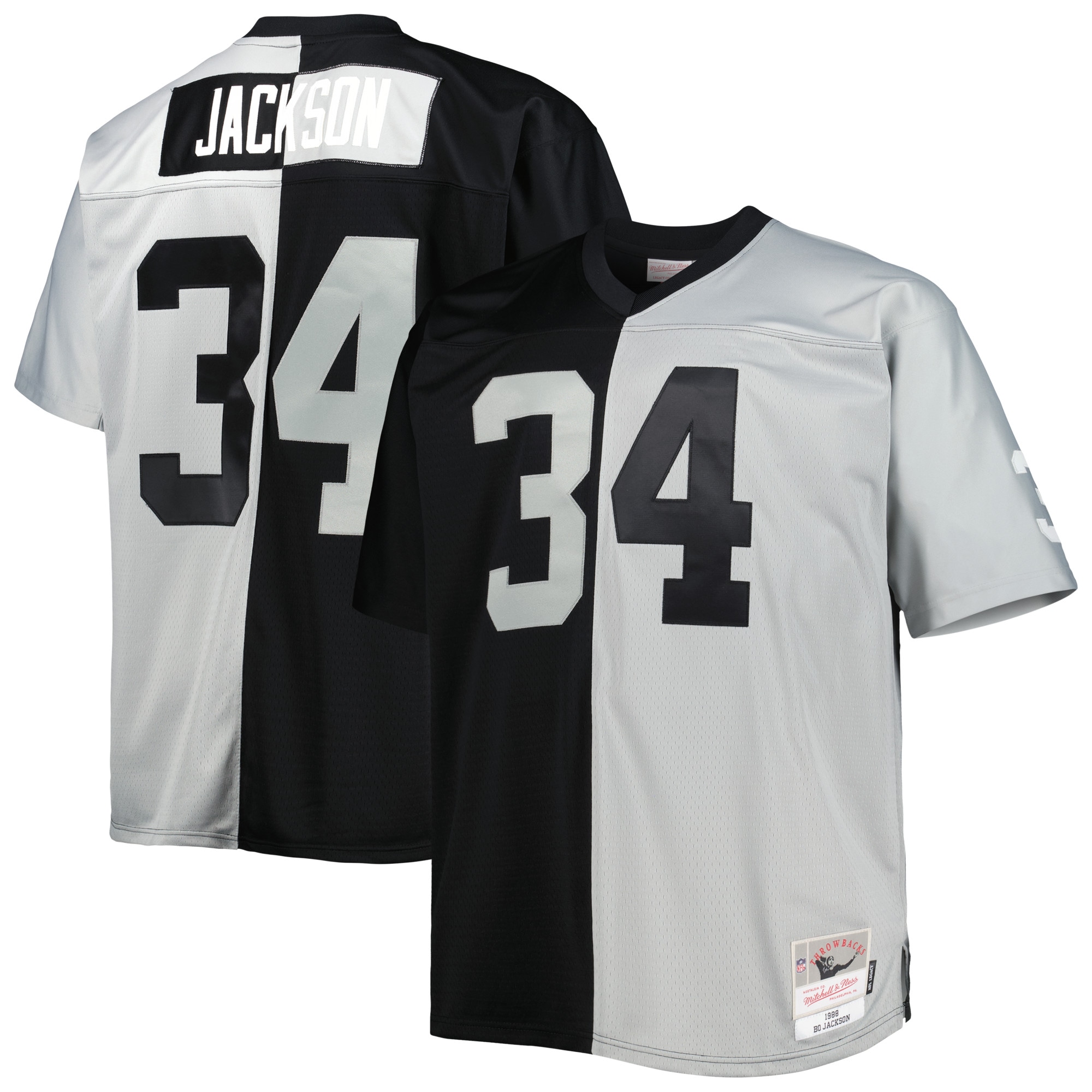 Men's Las Vegas Raiders Bo Jackson Mitchell & Ness Black/Silver Big & Tall Split Legacy Retired Player Jersey JS3532 Saliibo