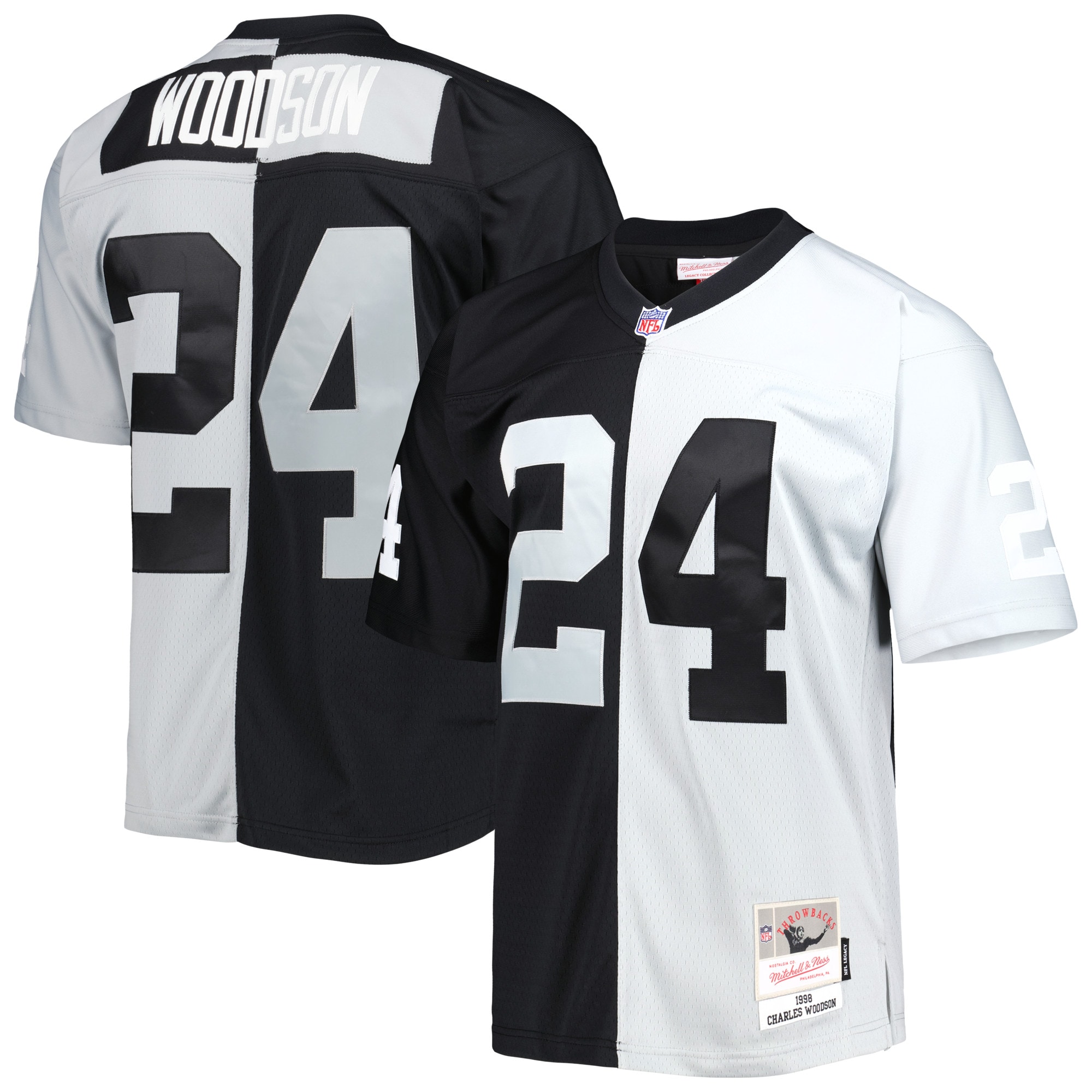Men's Las Vegas Raiders Charles Woodson Mitchell & Ness Black/Silver 1998 Split Legacy Jersey JS1898 Saliibo
