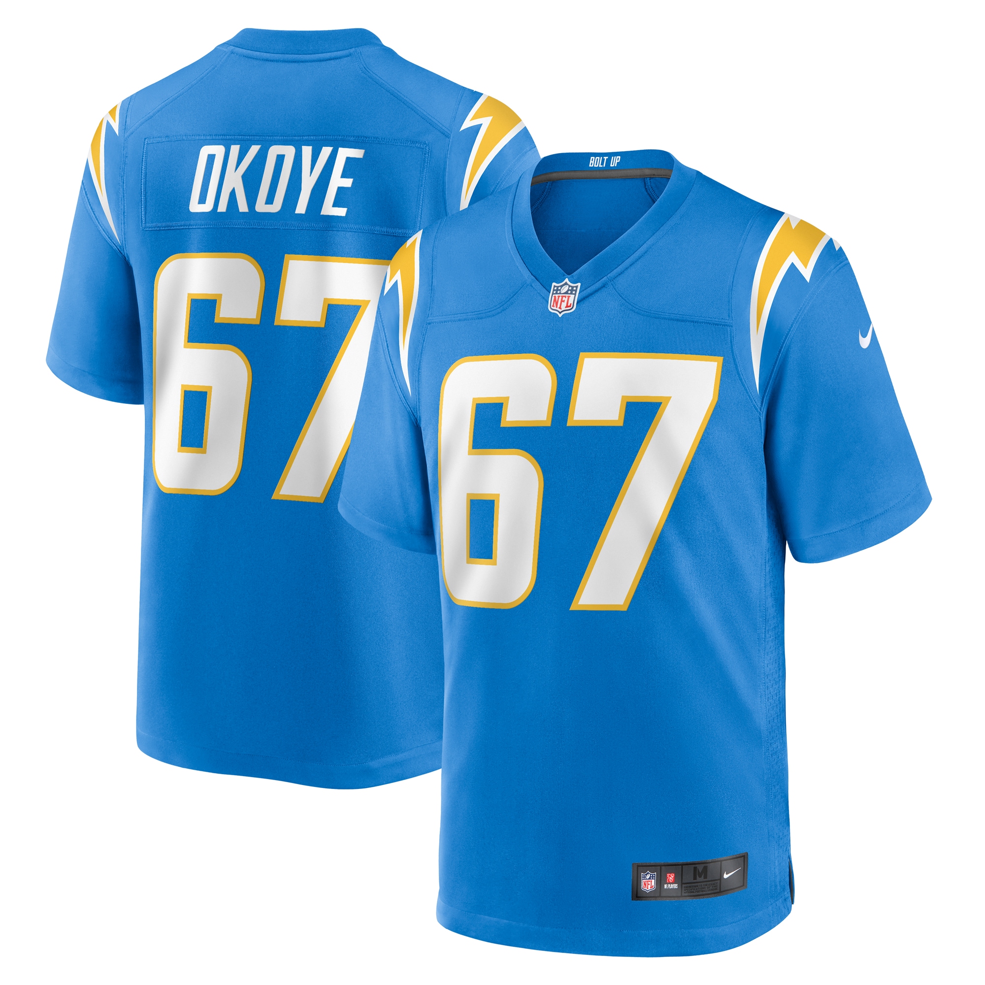 Men's Los Angeles Chargers CJ Okoye Powder Blue Team Game Jersey JS3439 Saliibo