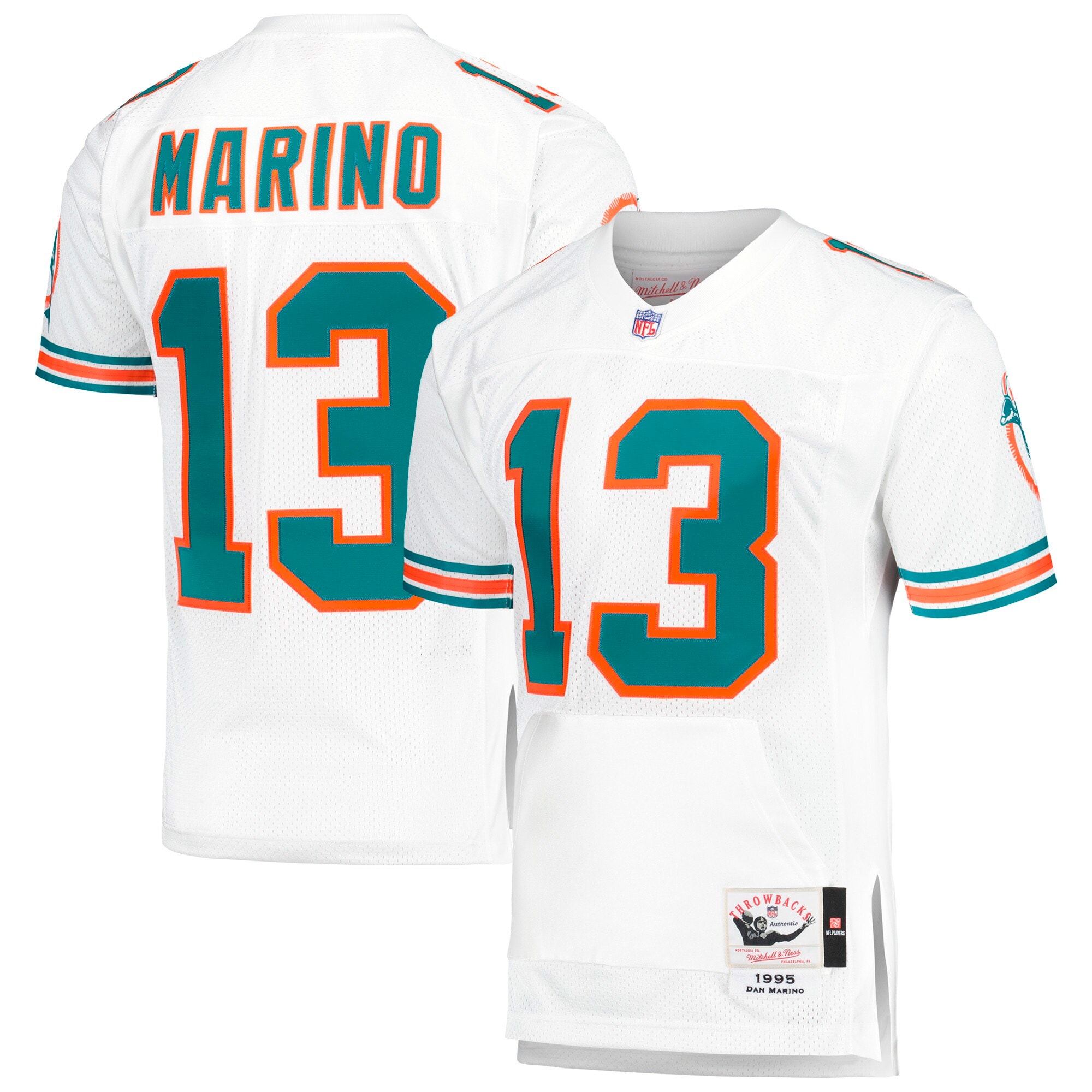 Men's Miami Dolphins 1995 Dan Marino Mitchell & Ness White Throwback Retired Player Pocket Jersey JS2301 Saliibo