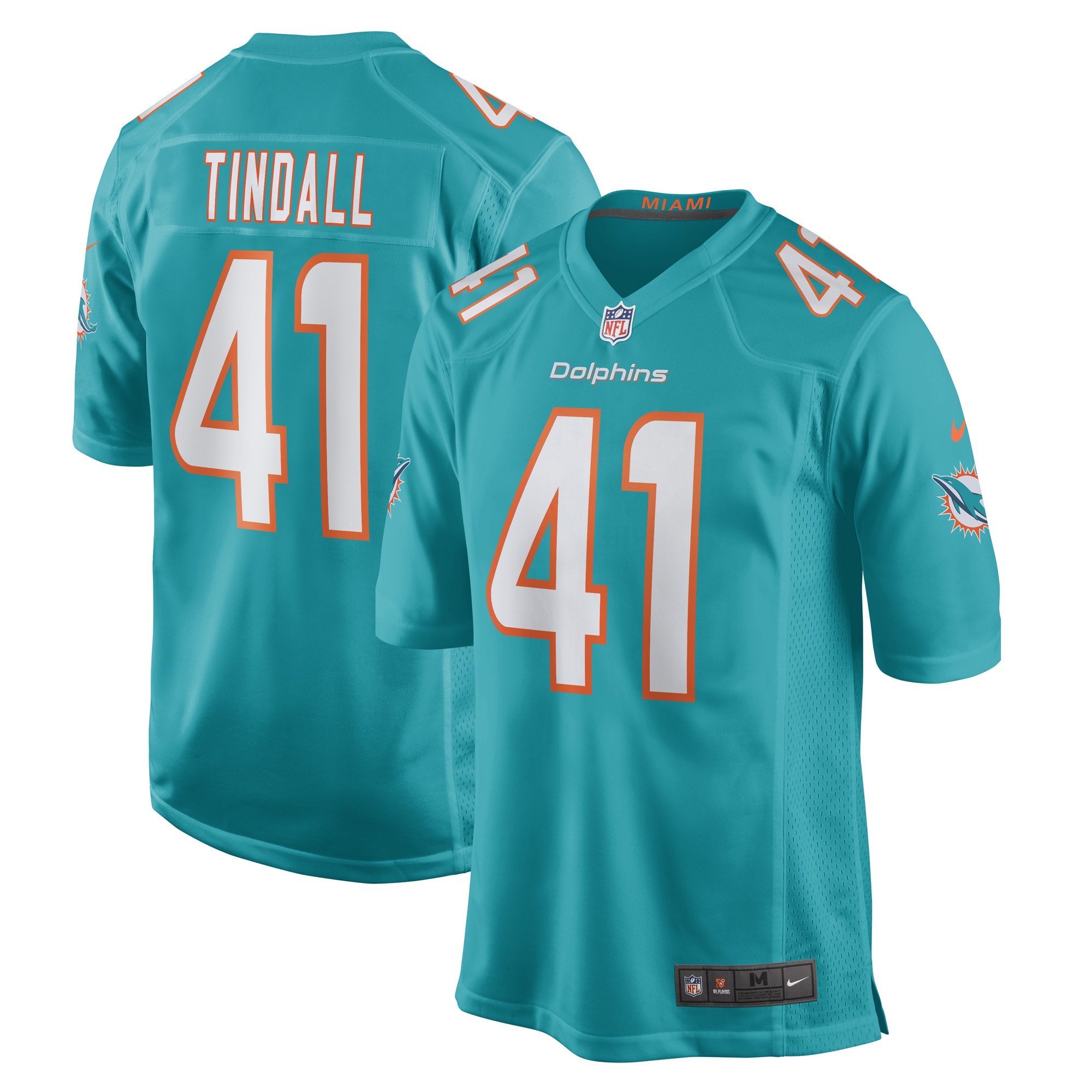 Men's Miami Dolphins Channing Tindall Aqua Game Player Jersey JS5392 Saliibo