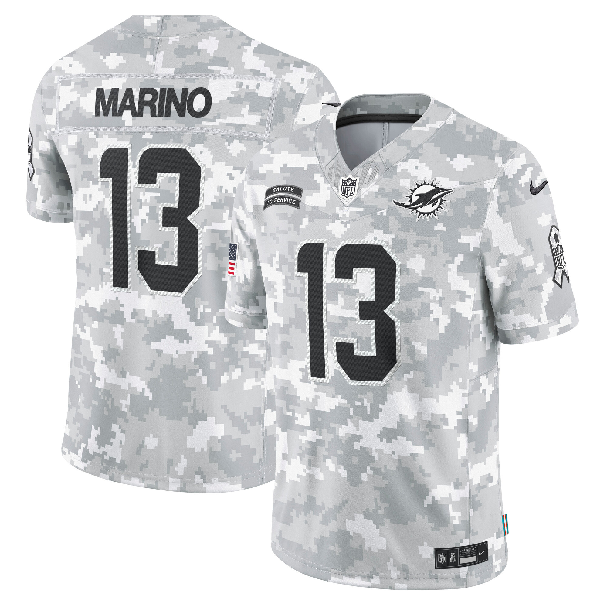 Men's Miami Dolphins Dan Marino Arctic Camo 2024 Salute to Service Retired Player Limited Jersey JS7065 Saliibo