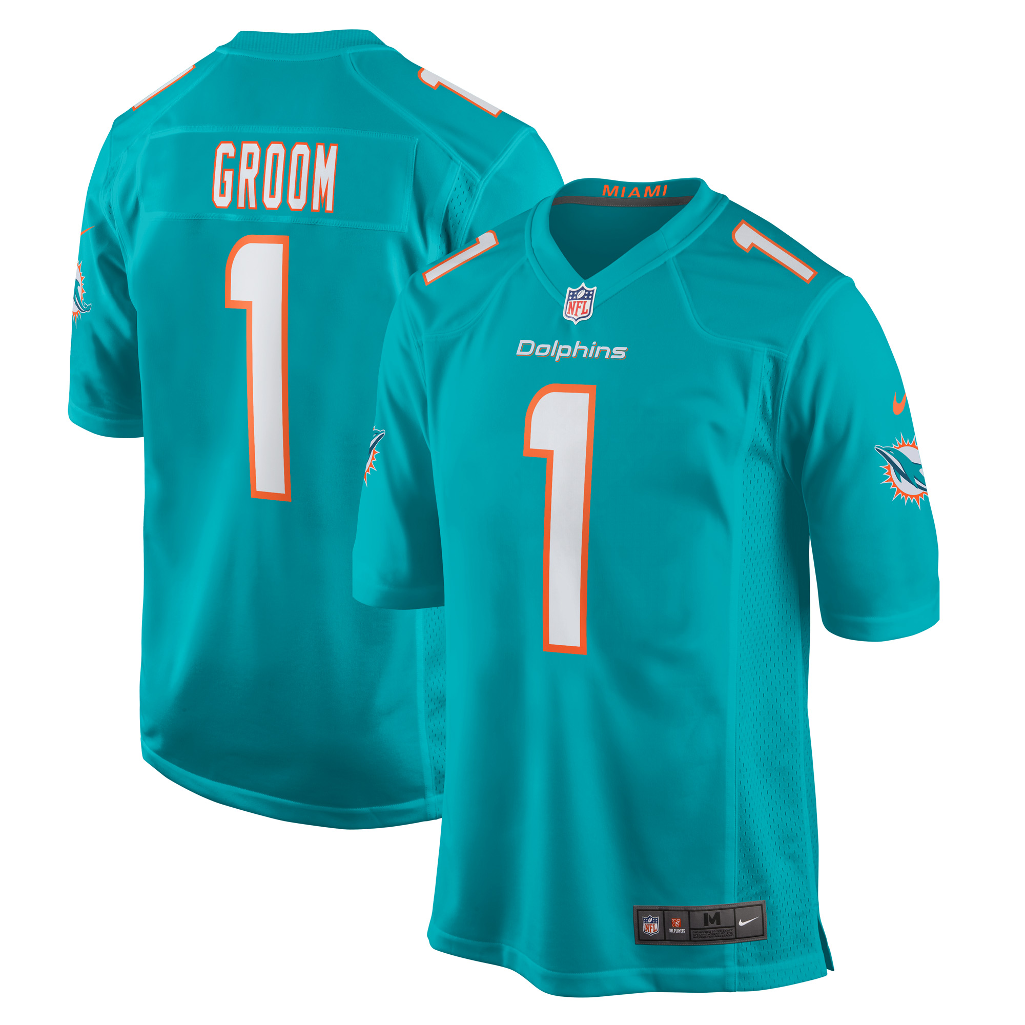 Men's Miami Dolphins Number 1 Groom Aqua Game Jersey JS5232 Saliibo