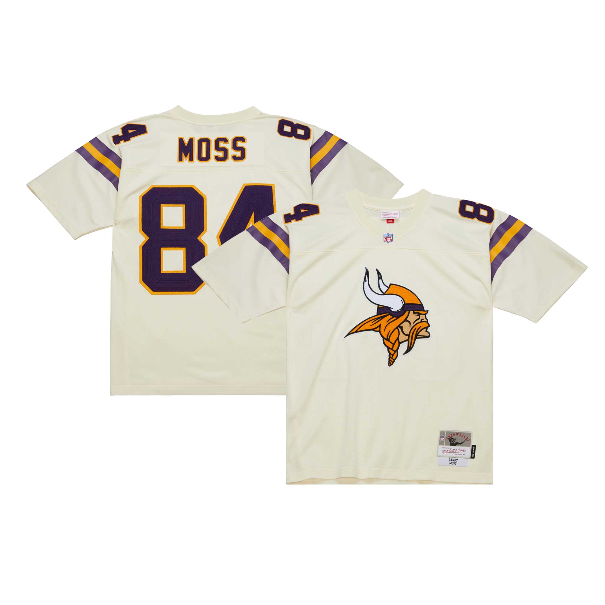 Men's Minnesota Vikings Randy Moss Mitchell & Ness Cream Chainstitch Legacy Jersey JS5971 Saliibo