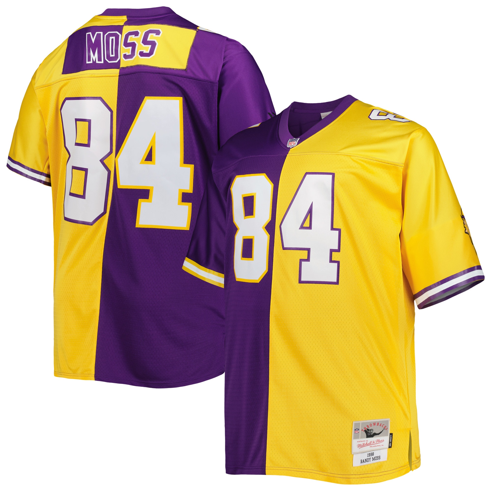 Men's Minnesota Vikings Randy Moss Mitchell & Ness Purple/Gold Big & Tall Split Legacy Retired Player Jersey JS3574 Saliibo