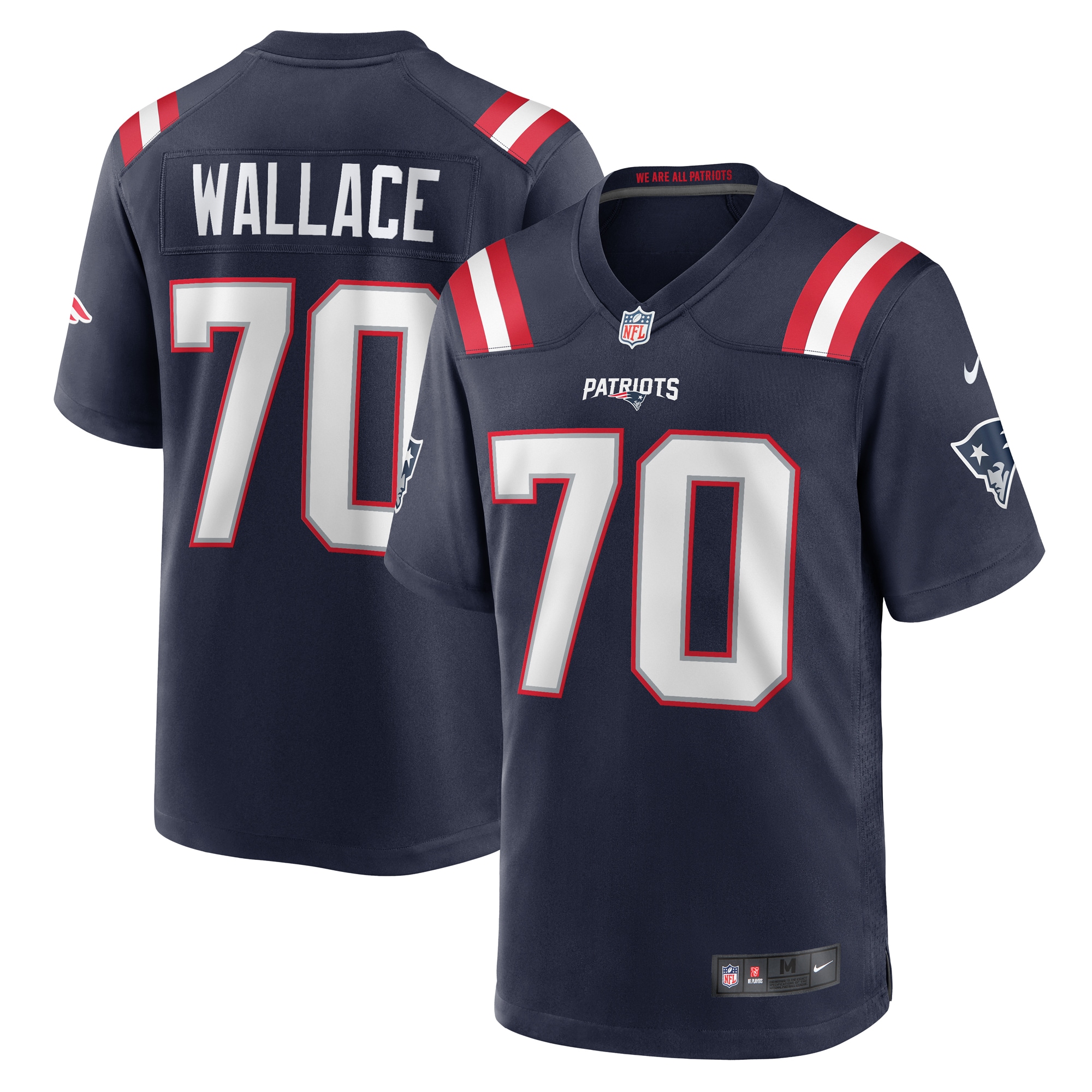 Men's New England Patriots Caedan Wallace Navy Game Jersey JS8977 Saliibo