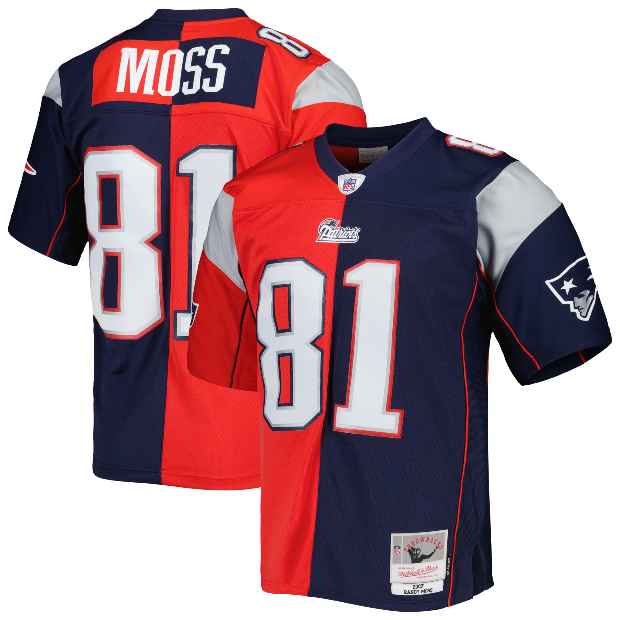Men's New England Patriots Randy Moss Mitchell & Ness Navy/Red 2007 Split Legacy Jersey JS6082 Saliibo