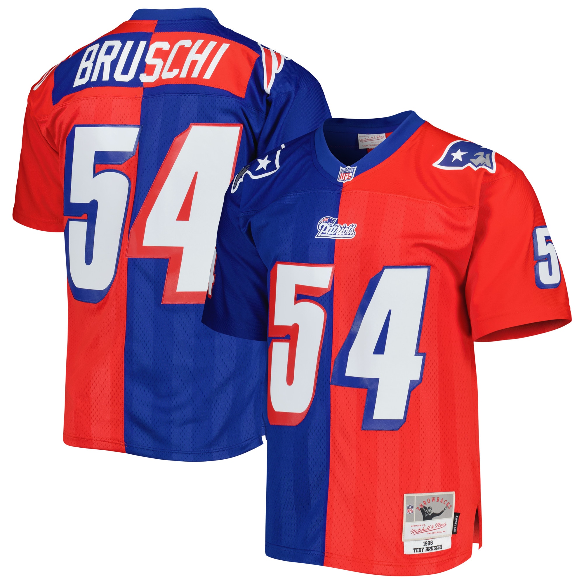 Men's New England Patriots Tedy Bruschi Mitchell & Ness Royal/Red 1996 Split Legacy Jersey JS2590 Saliibo