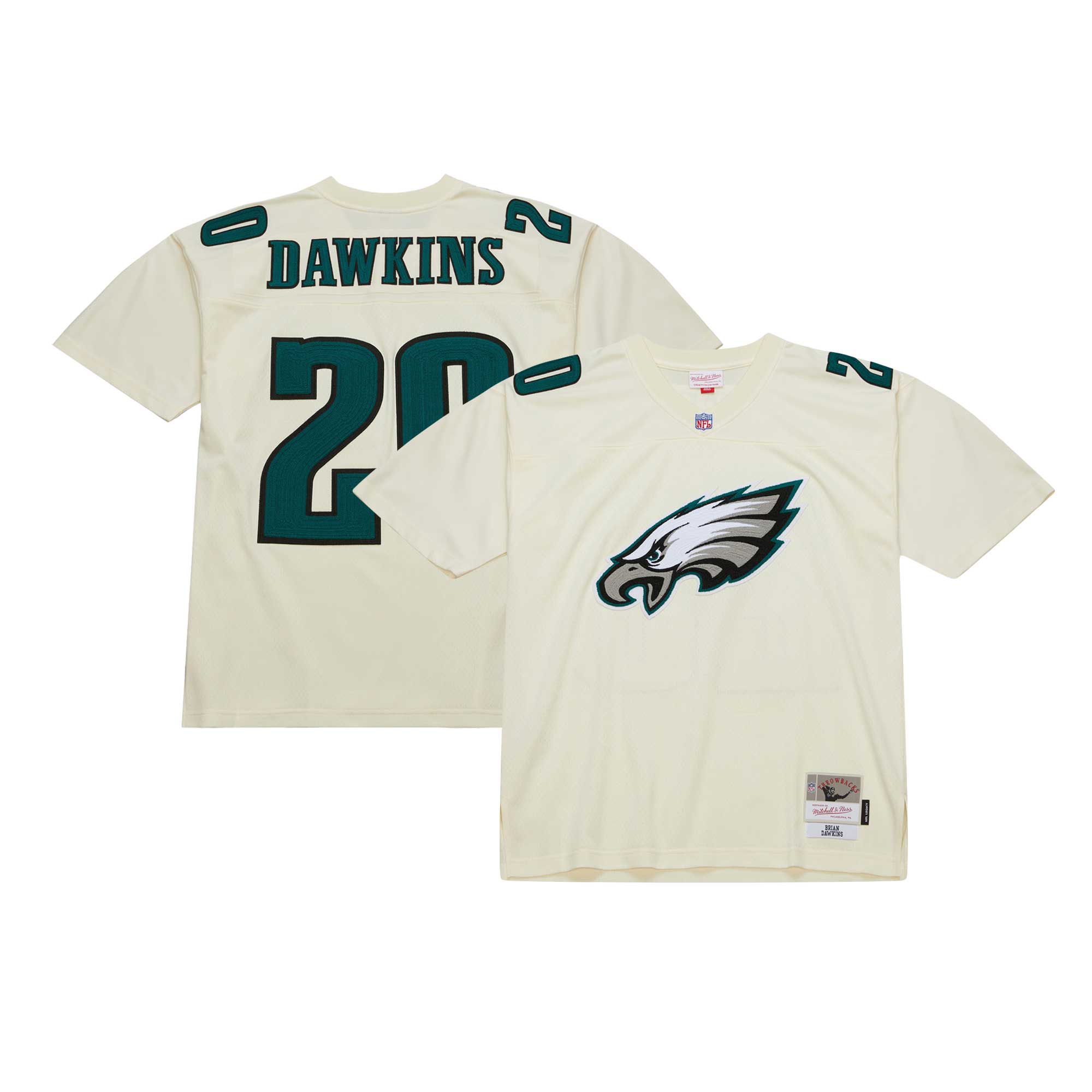 Men's Philadelphia Eagles Brian Dawkins Mitchell & Ness Cream Chainstitch Legacy Jersey JS4377 Saliibo