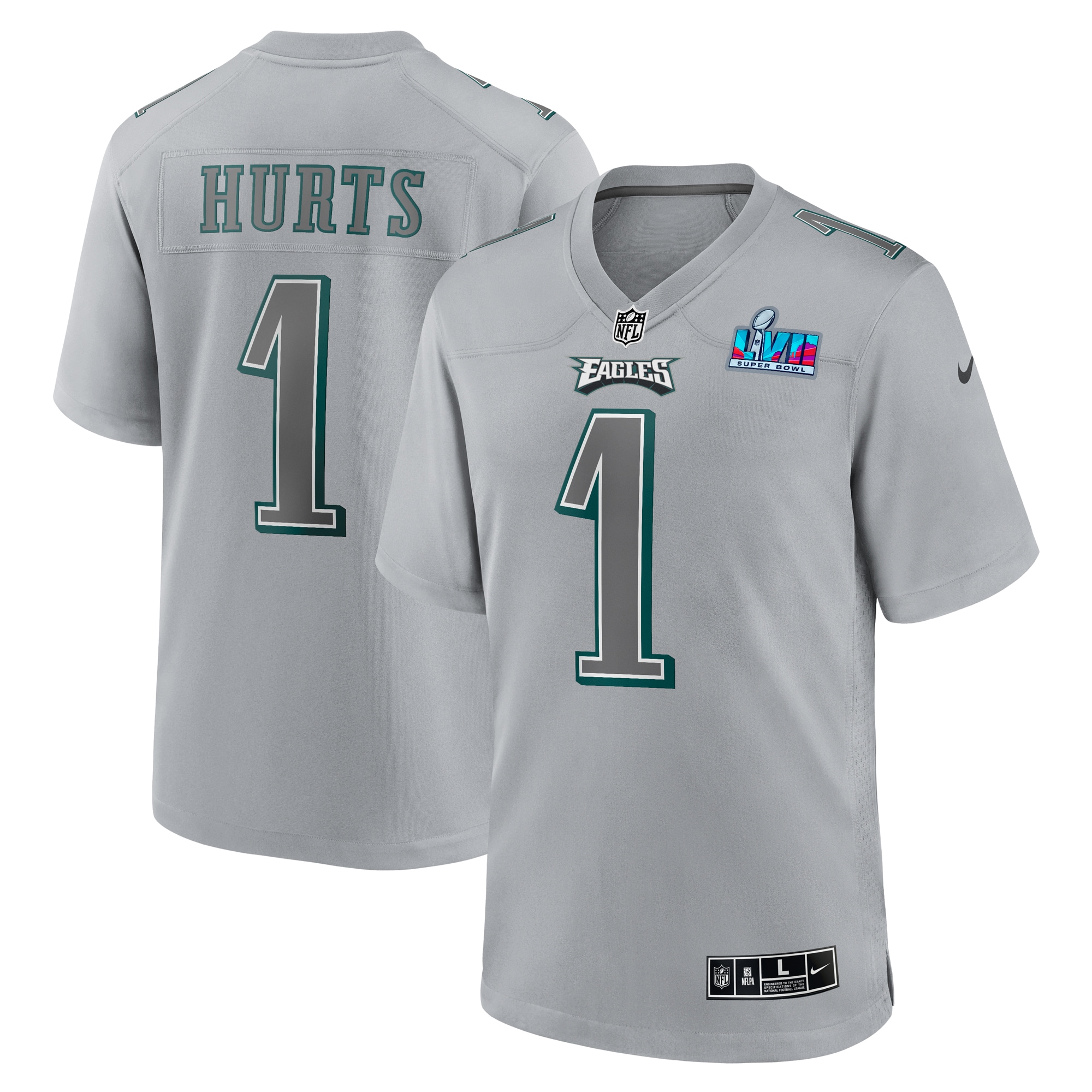 Men's Philadelphia Eagles Jalen Hurts Gray Super Bowl LVII Patch Atmosphere Fashion Game Jersey JS5891 Saliibo