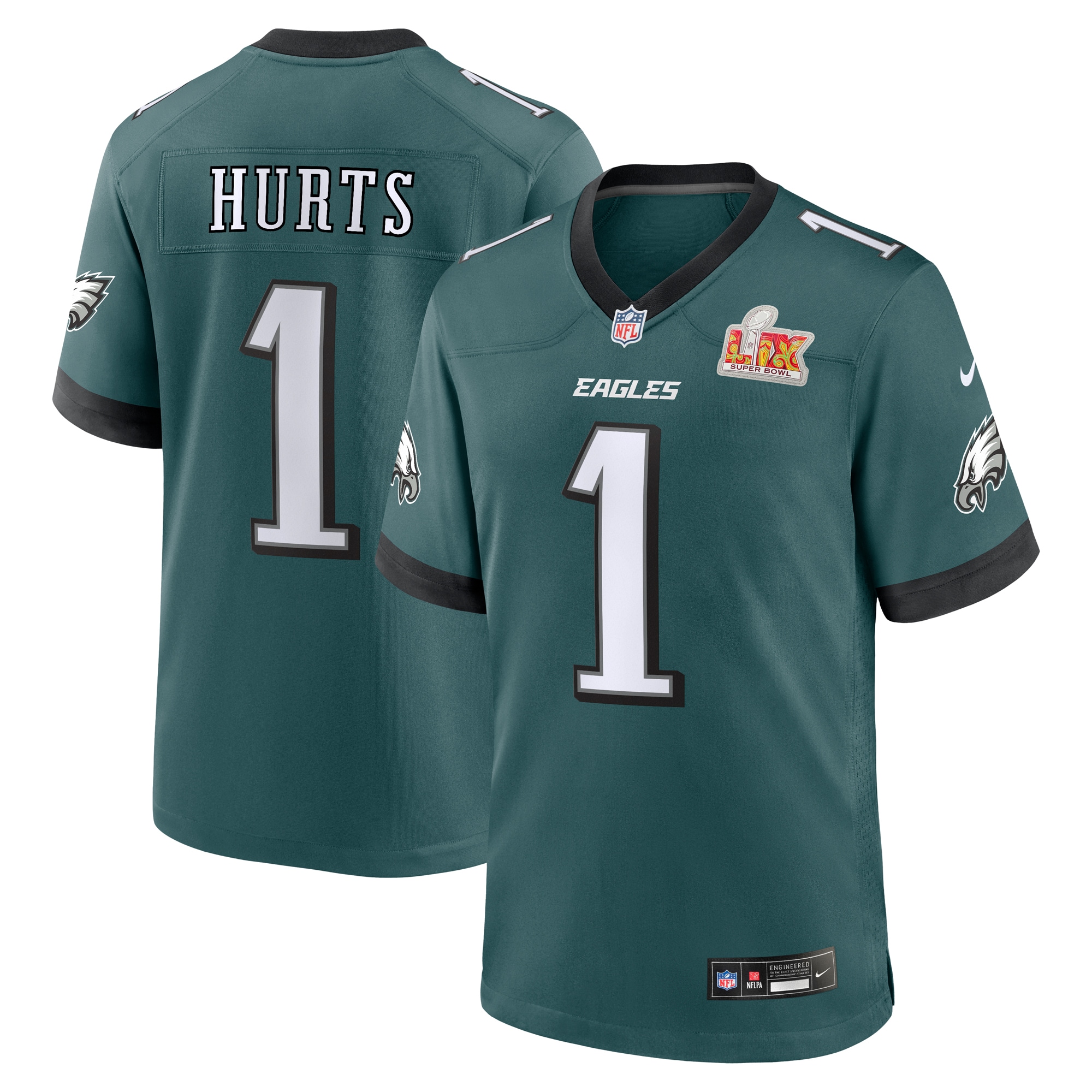 Men's Philadelphia Eagles Jalen Hurts Midnight Green Super Bowl LIX Game Player Jersey JS1550 Saliibo