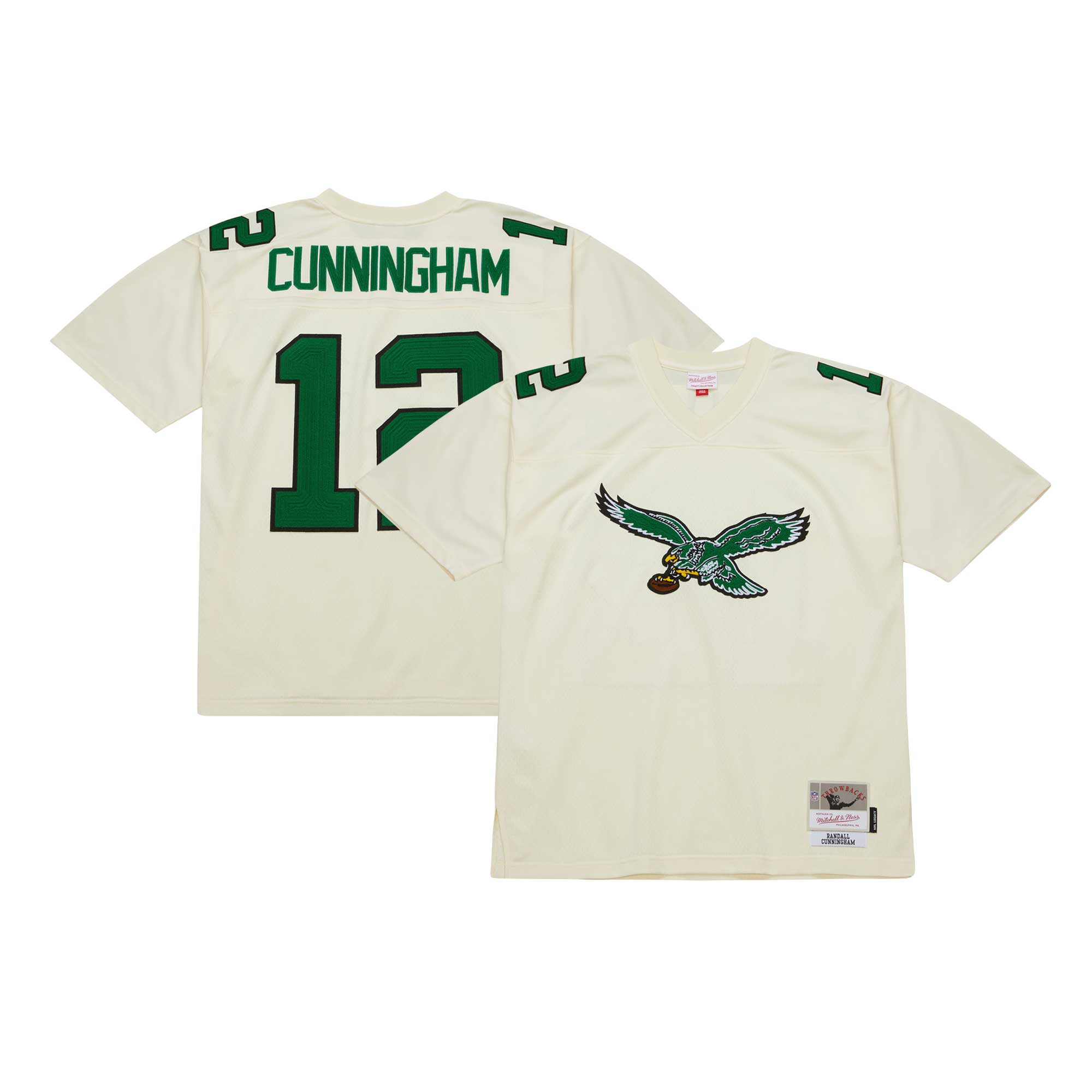 Men's Philadelphia Eagles Randall Cunningham Mitchell & Ness Cream Chainstitch Legacy Jersey JS4346 Saliibo