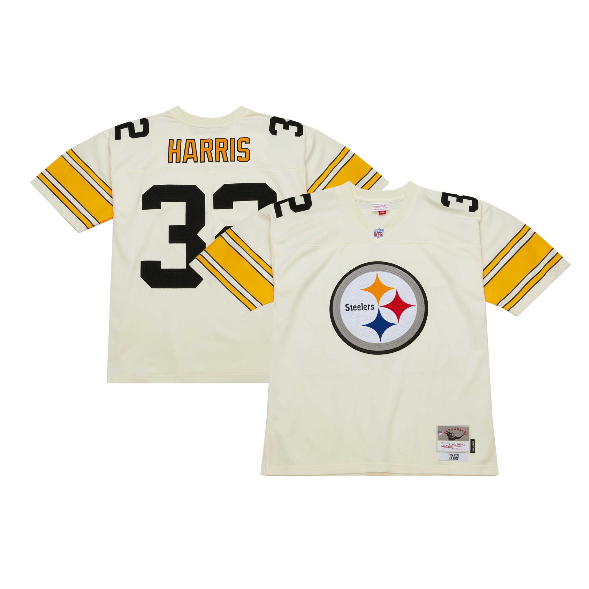 Men's Pittsburgh Steelers Franco Harris Mitchell & Ness Cream Chainstitch Legacy Jersey JS9815 Saliibo