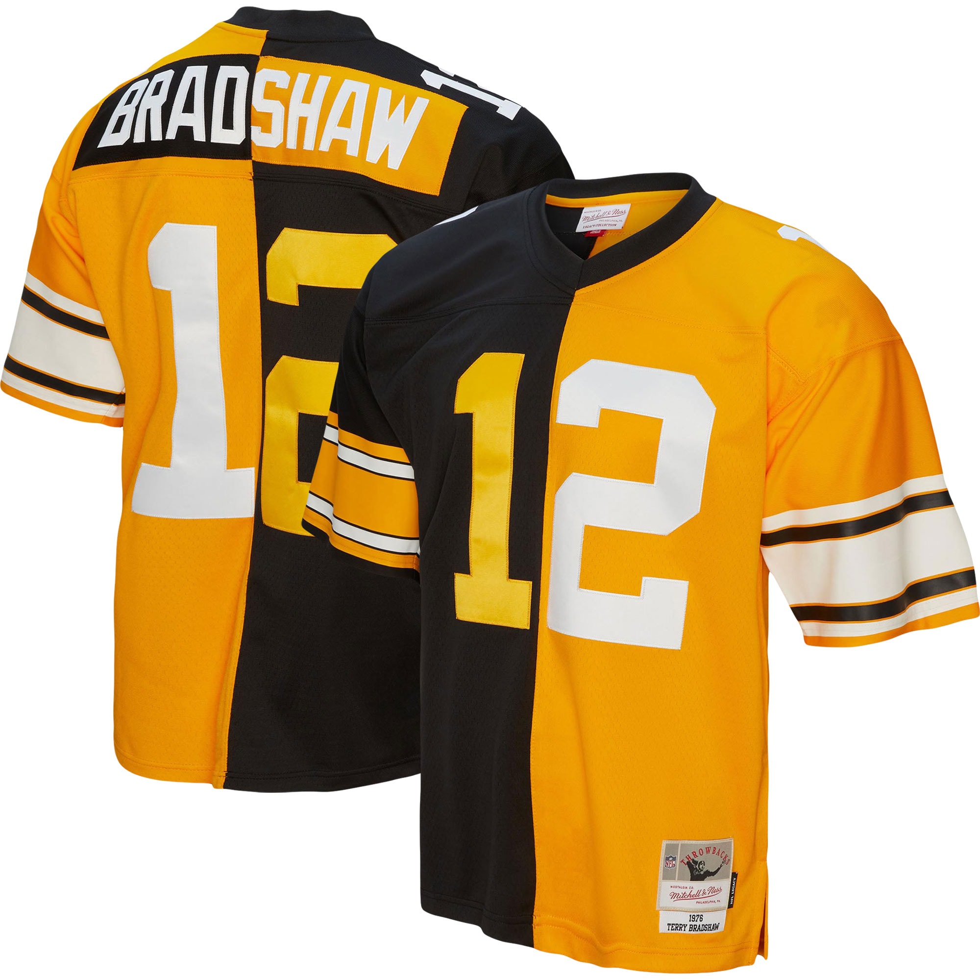 Men's Pittsburgh Steelers Terry Bradshaw Mitchell & Ness Black/Gold 1976 Split Legacy Jersey JS4091 Saliibo