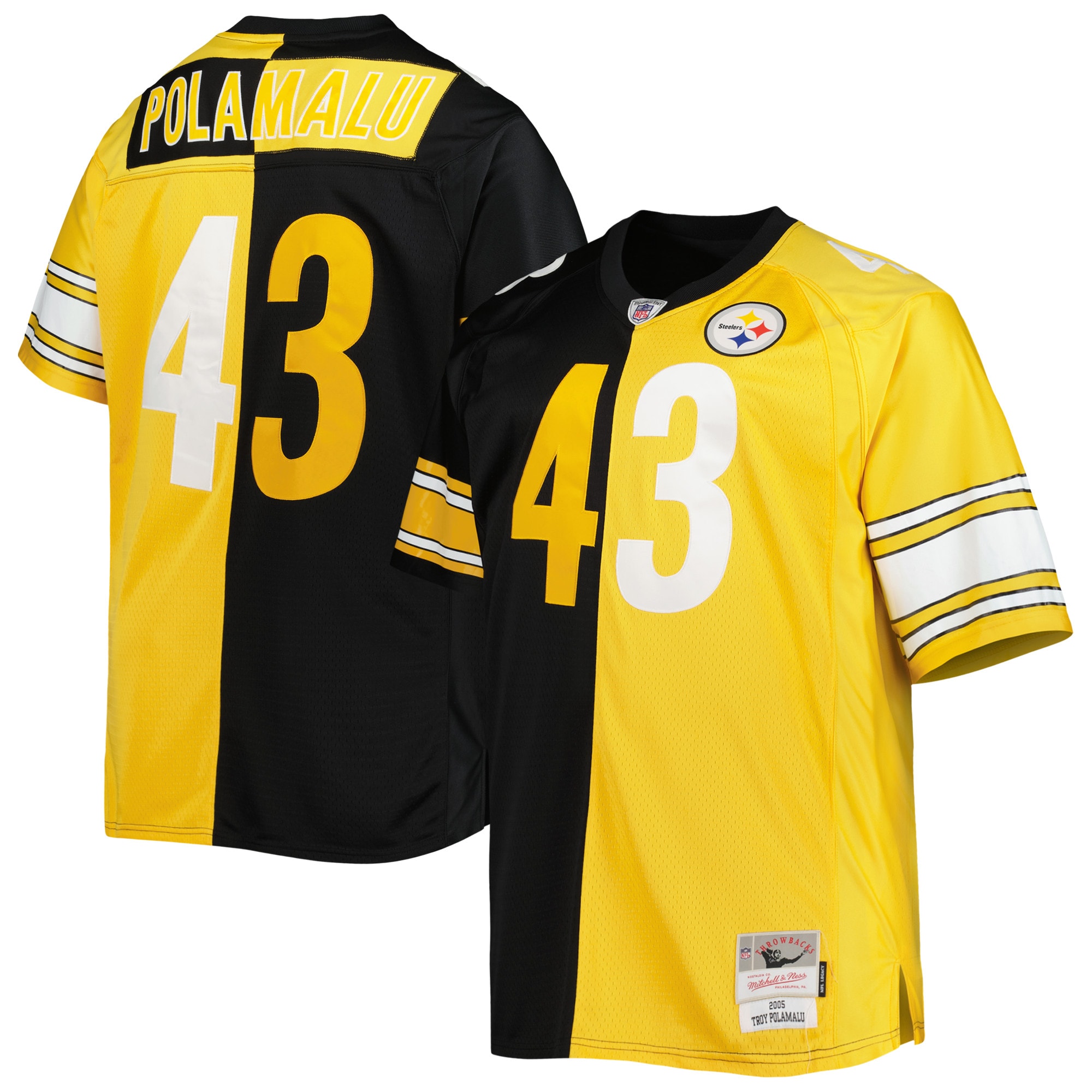 Men's Pittsburgh Steelers Troy Polamalu Mitchell & Ness Black/Gold Big & Tall Split Legacy Retired Player Jersey JS9278 Saliibo
