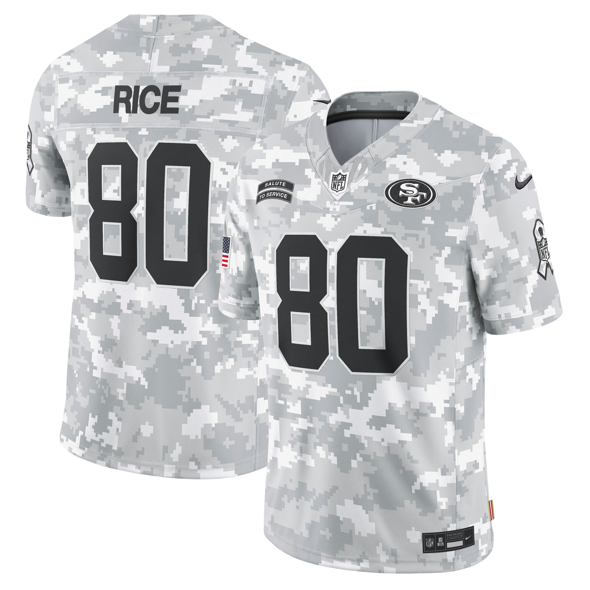 Men's San Francisco 49ers Jerry Rice Arctic Camo 2024 Salute to Service Retired Player Limited Jersey JS4099 Saliibo