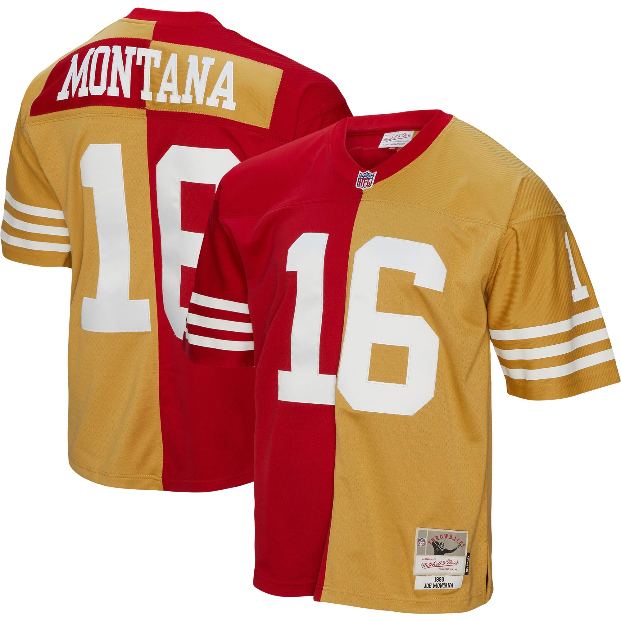 Men's San Francisco 49ers Joe Montana Mitchell & Ness Scarlet/Gold 1990 Split Legacy Jersey JS3202 Saliibo