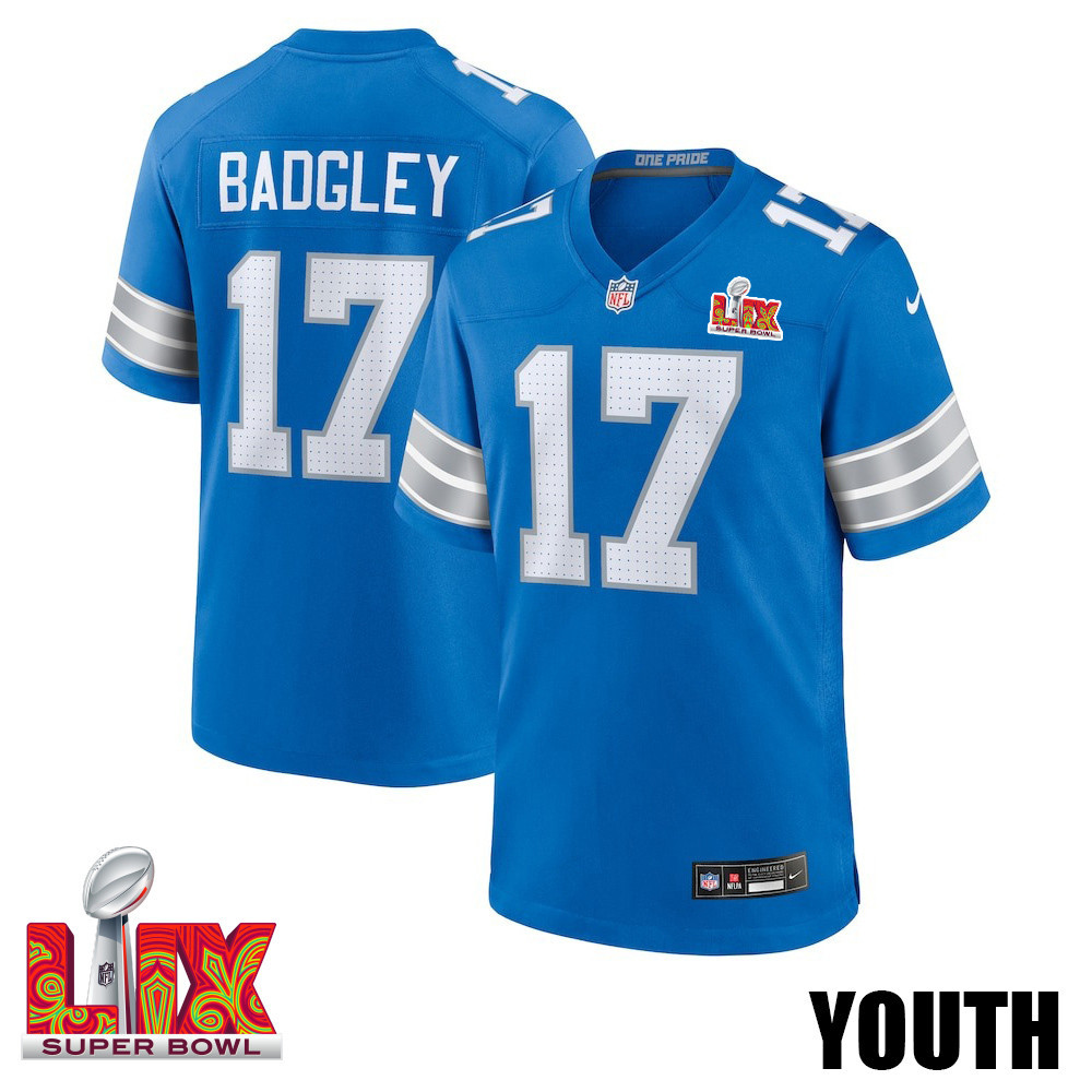 Michael Badgley #17 Detroit Lions Super Bowl LIX YOUTH Jersey - Blue JS3424 Saliibo