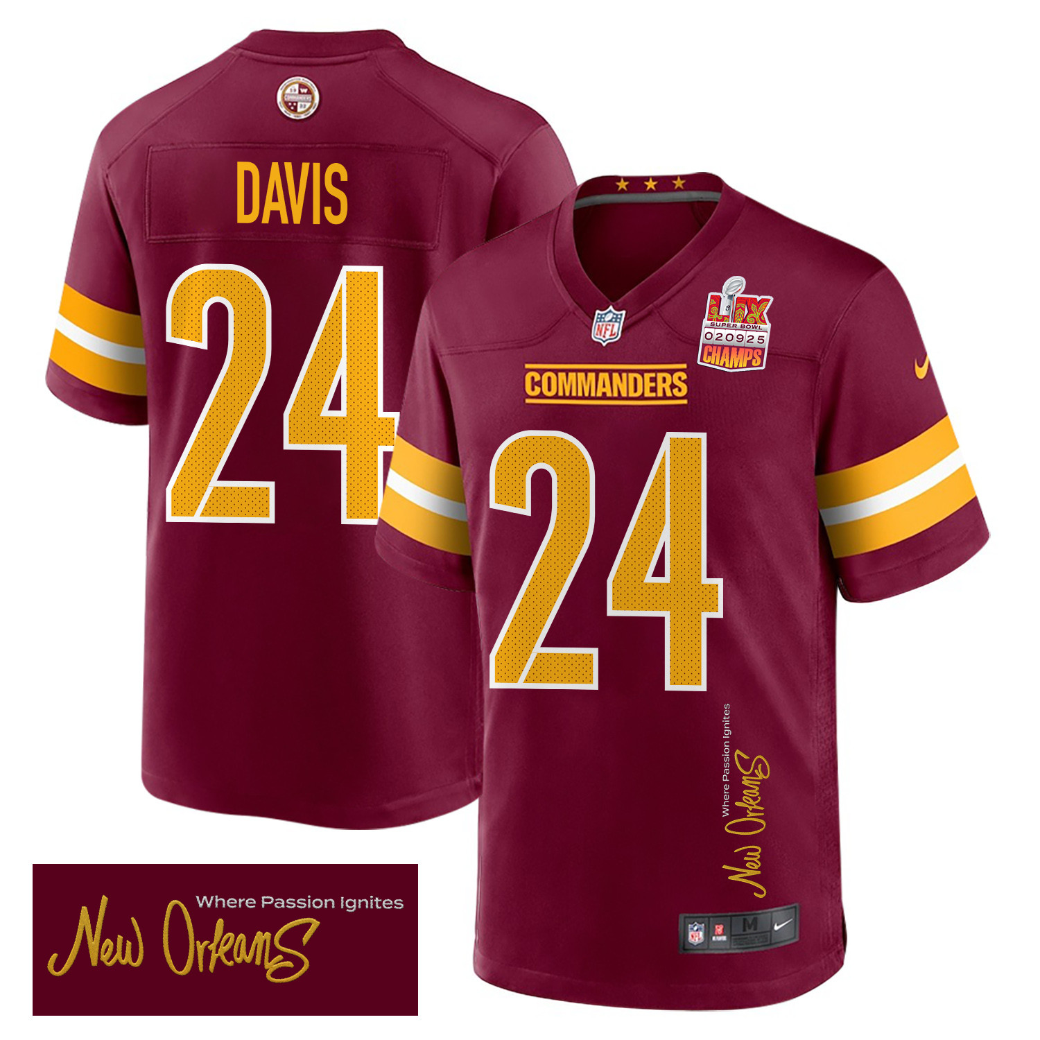 Michael Davis 24 Washington Commanders Super Bowl LIX Champions Patch 'New Orleans - Where Passion Ignites' EMBROIDERED Game Men Jersey - Burgundy JS3959 Saliibo