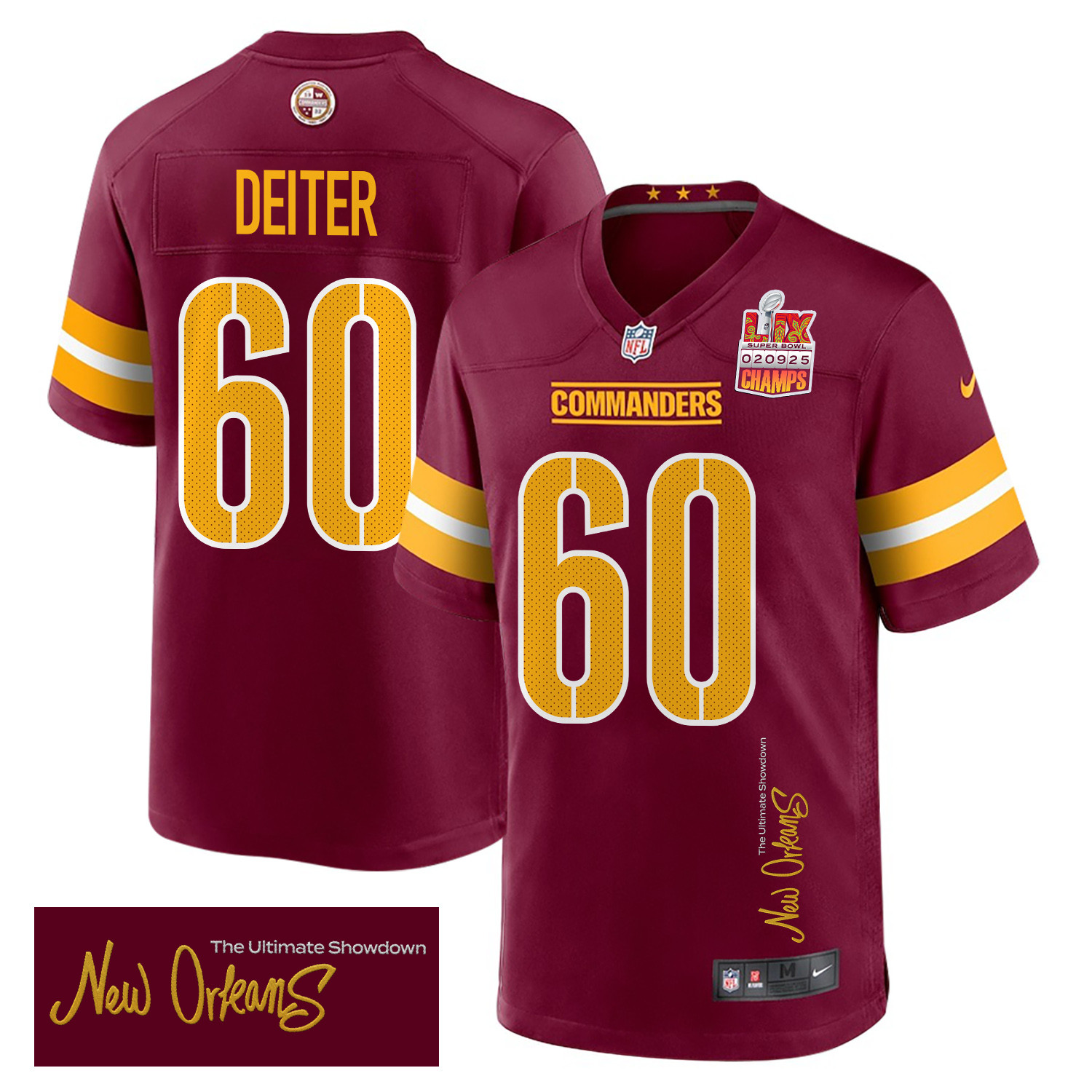Michael Deiter 60 Washington Commanders Super Bowl LIX Champions Patch 'New Orleans - The Ultimate Showdown' EMBROIDERED Game Men Jersey - Burgundy JS6792 Saliibo
