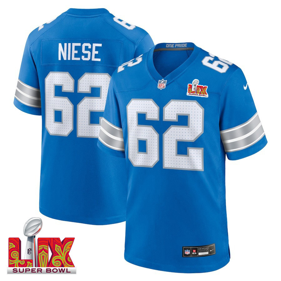 Michael Niese #62 Detroit Lions Super Bowl LIX Jersey - Men's - Blue JS8563 Saliibo
