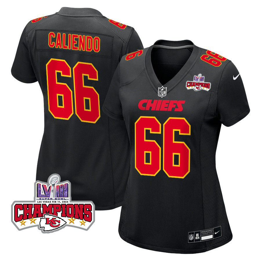 Mike Caliendo 66 Kansas City Chiefs Super Bowl LVIII Champions 4 Stars Patch Fashion Game Women Jersey - Carbon Black JS9426 Saliibo