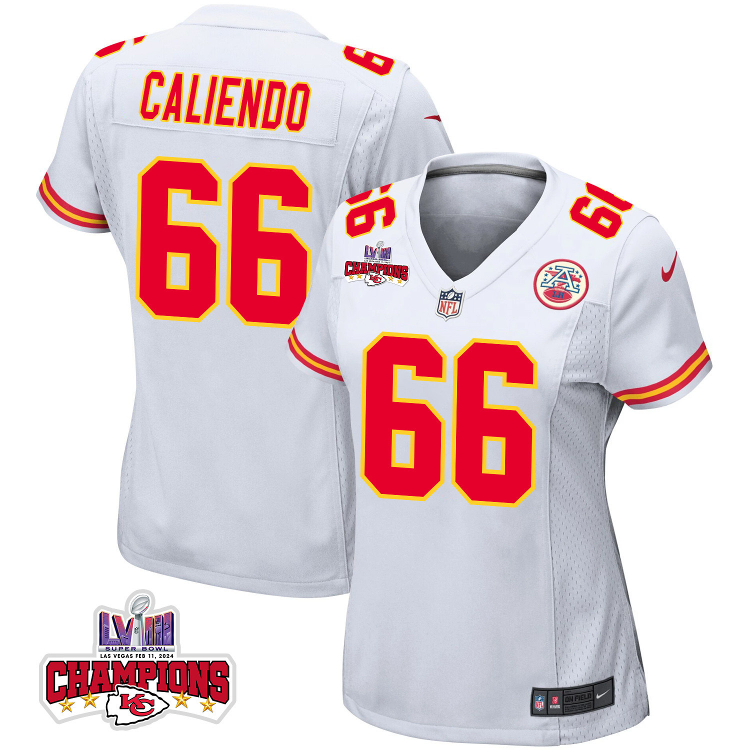 Mike Caliendo 66 Kansas City Chiefs Super Bowl LVIII Champions 4 Stars Patch Game Women Jersey - White JS8263 Saliibo
