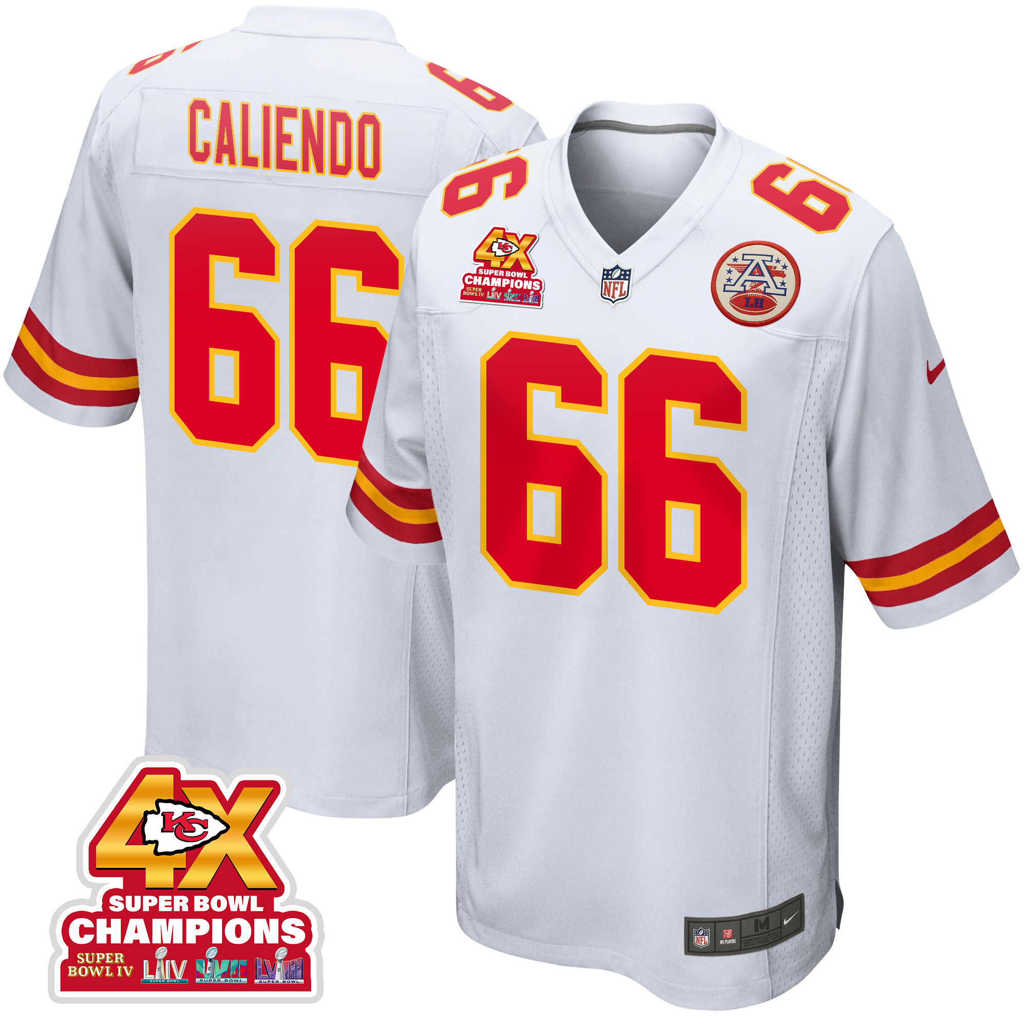 Mike Caliendo 66 Kansas City Chiefs Super Bowl LVIII Champions 4X Game Men Jersey - White JS3747 Saliibo