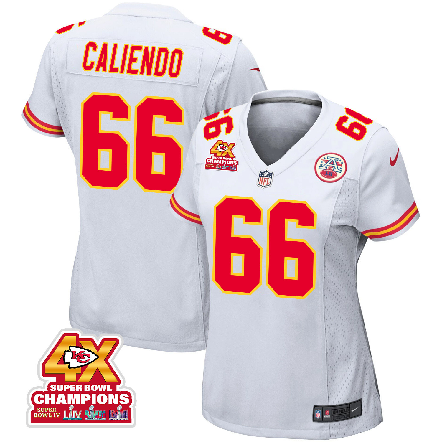 Mike Caliendo 66 Kansas City Chiefs Super Bowl LVIII Champions 4X Game Women Jersey - White JS6412 Saliibo