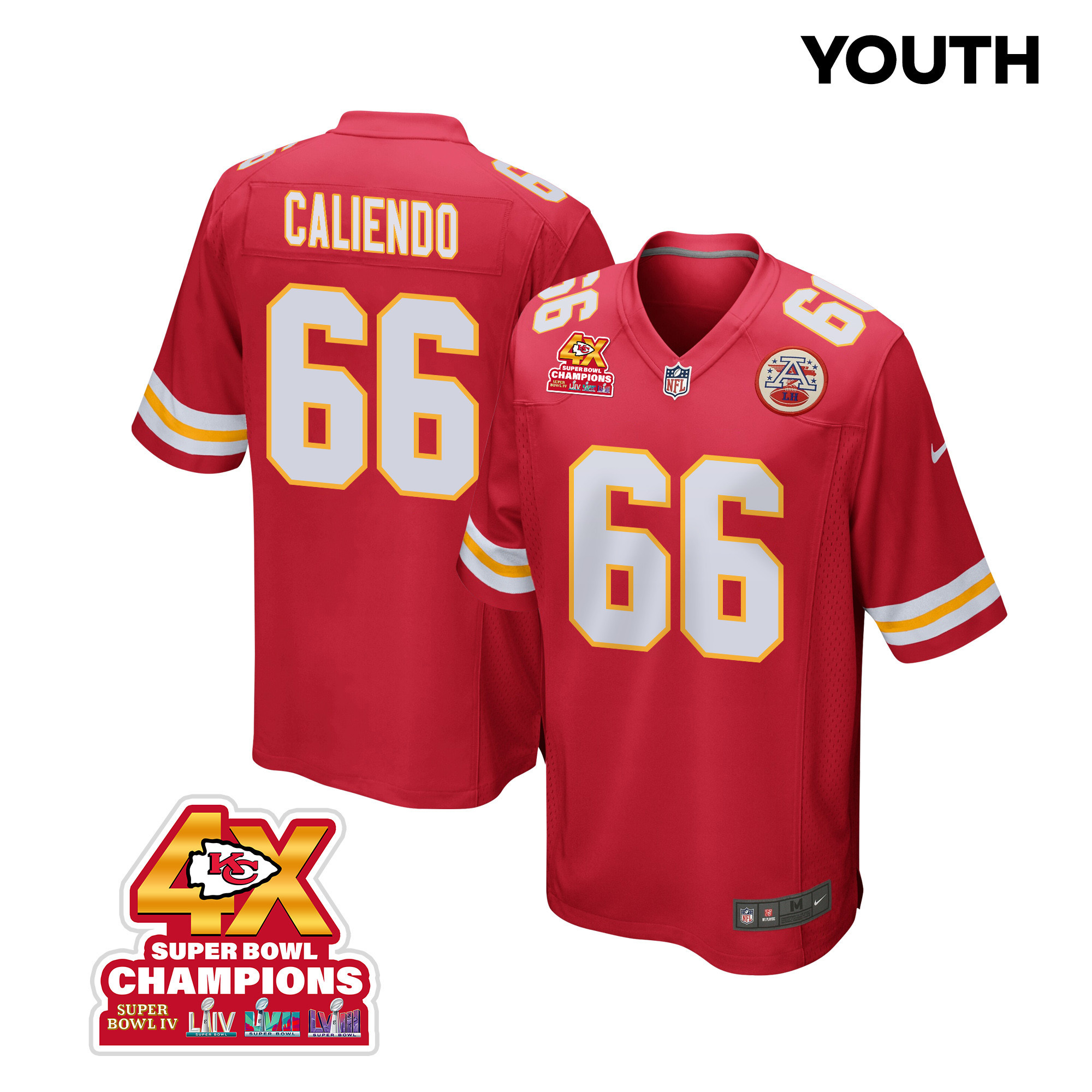 Mike Caliendo 66 Kansas City Chiefs Super Bowl LVIII Champions 4X Game YOUTH Jersey - Red JS5264 Saliibo