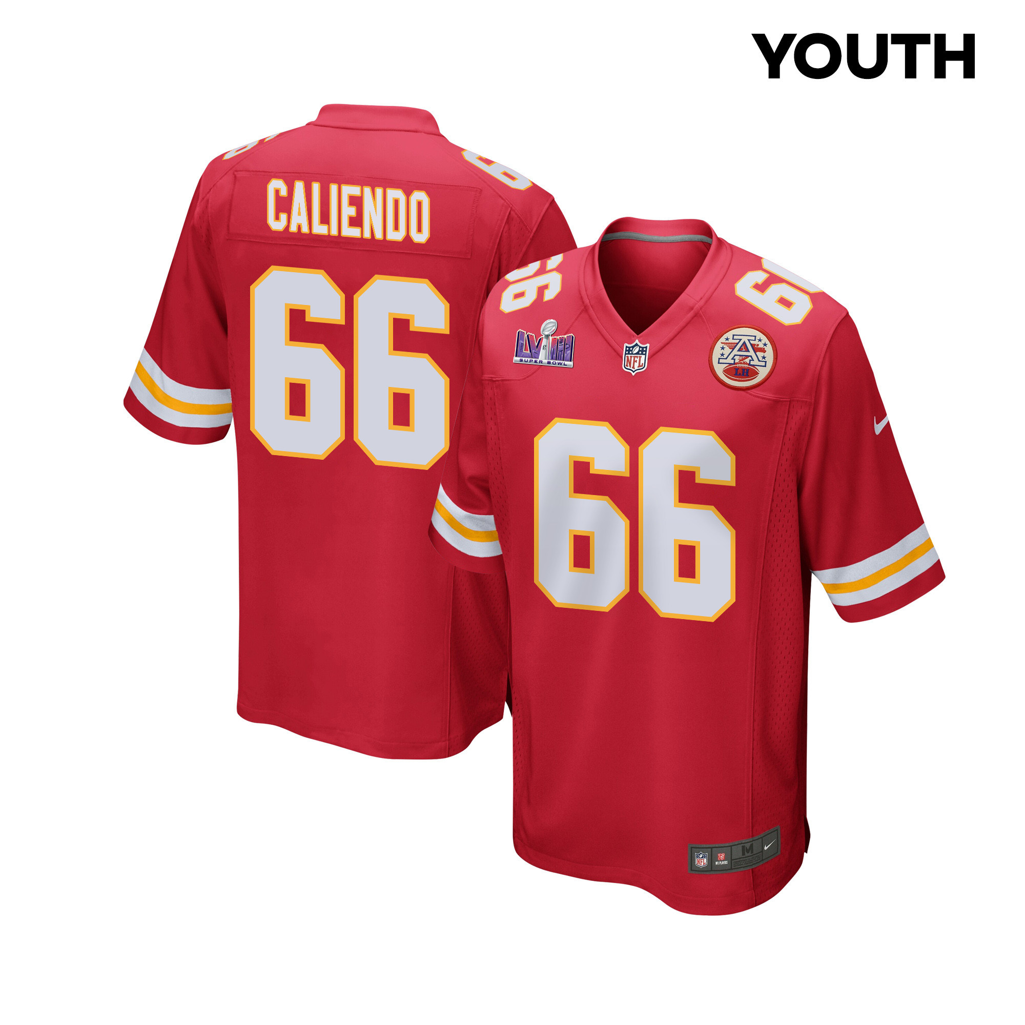 Mike Caliendo 66 Kansas City Chiefs Super Bowl LVIII Patch Game YOUTH Jersey - Red JS6405 Saliibo