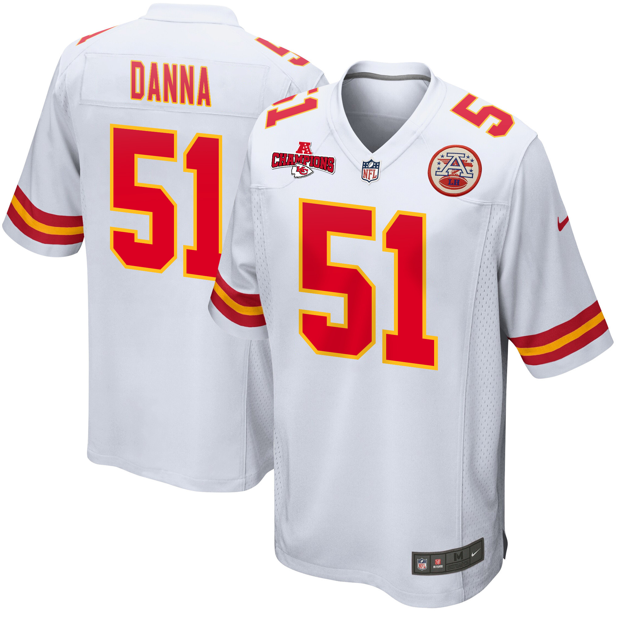 Mike Danna 51 Kansas City Chiefs AFC Champions Patch Game Men Jersey - White JS3789 Saliibo