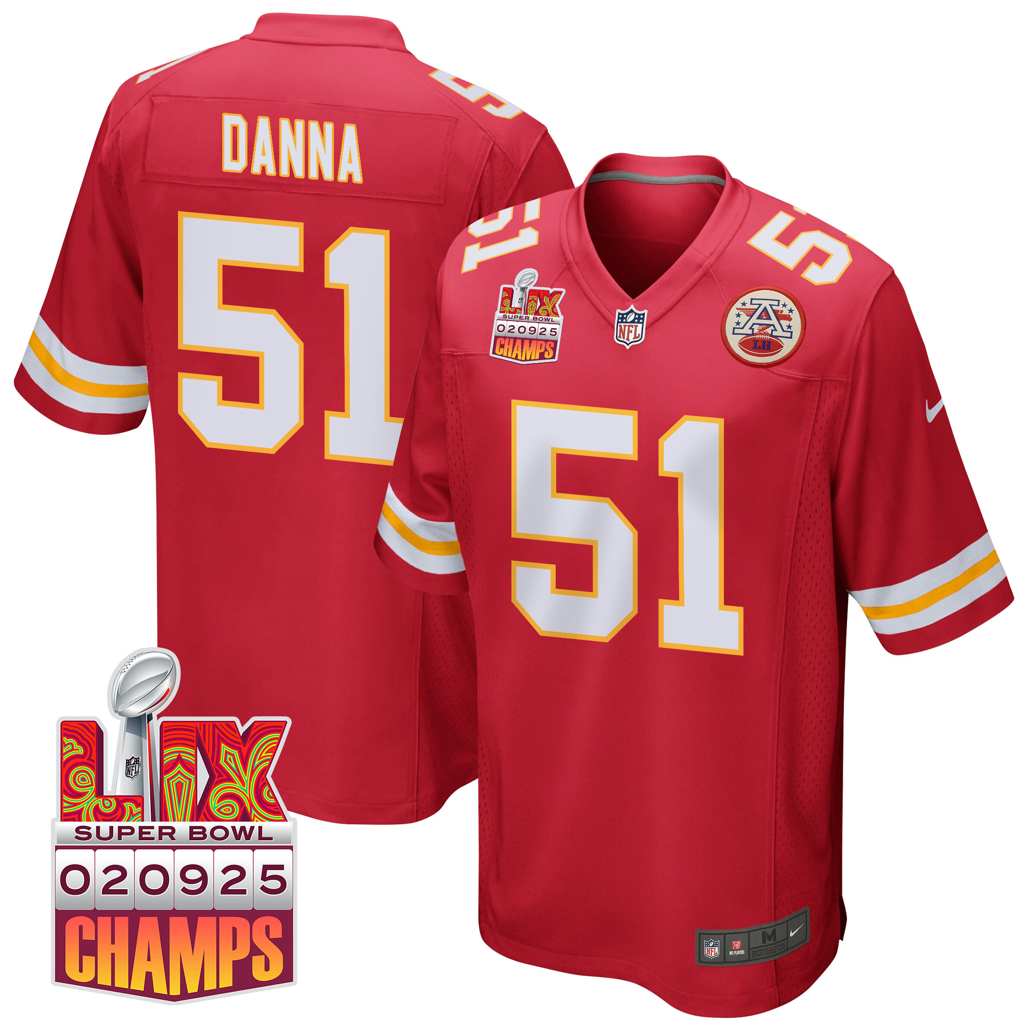 Mike Danna 51 Kansas City Chiefs Super Bowl LIX Champions Patch Game Men Jersey - Red JS1938 Saliibo