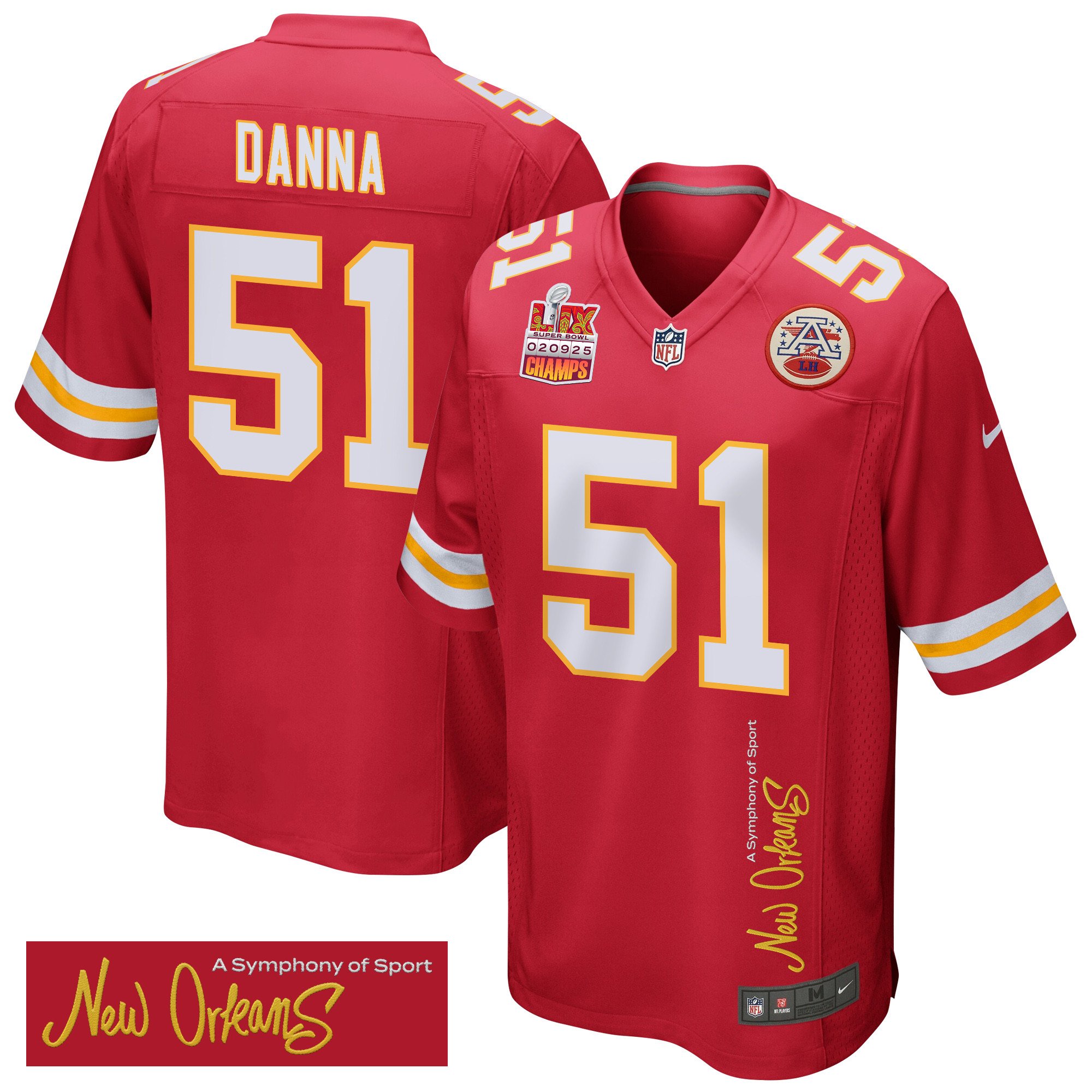 Mike Danna 51 Kansas City Chiefs Super Bowl LIX Champions Patch 'New Orleans - A Symphony of Sport' EMBROIDERED Game Men Jersey - Red JS7084 Saliibo