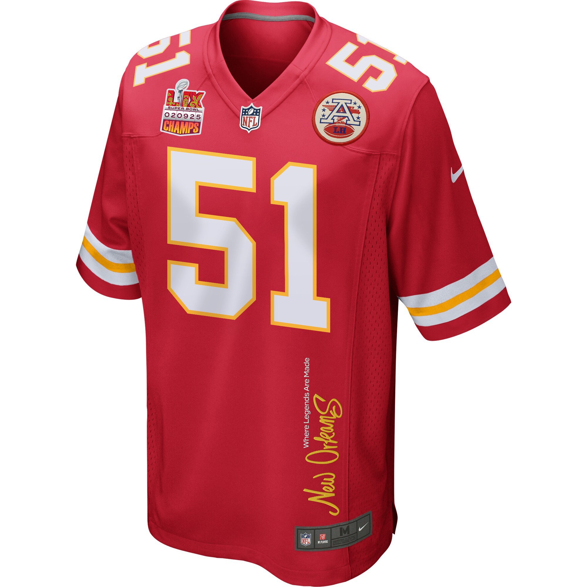 Mike Danna 51 Kansas City Chiefs Super Bowl LIX Champions Patch 'New Orleans - Where Legends Are Made' EMBROIDERED Game Men Jersey - Red JS3378 Saliibo - Image 3