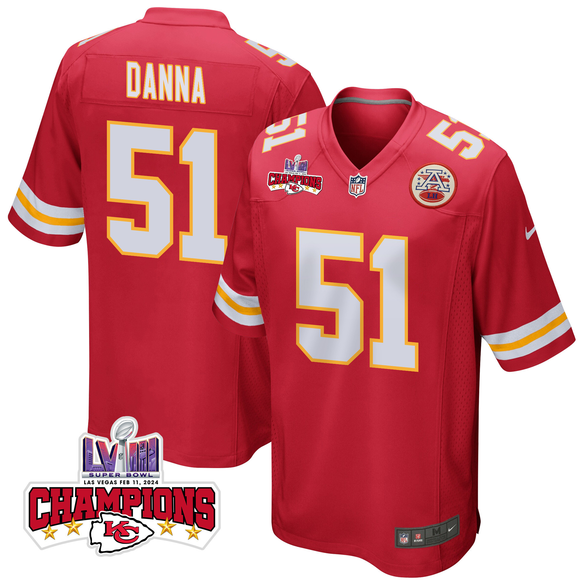 Mike Danna 51 Kansas City Chiefs Super Bowl LVIII Champions 4 Stars Patch Game Men Jersey - Red JS6635 Saliibo