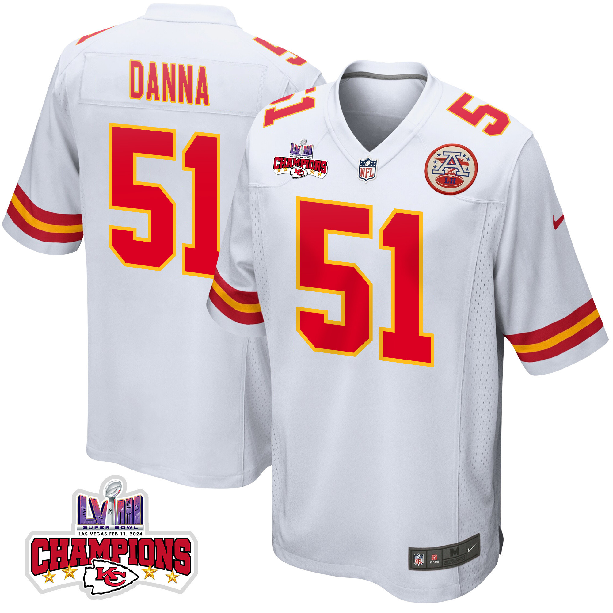 Mike Danna 51 Kansas City Chiefs Super Bowl LVIII Champions 4 Stars Patch Game Men Jersey - White JS1589 Saliibo