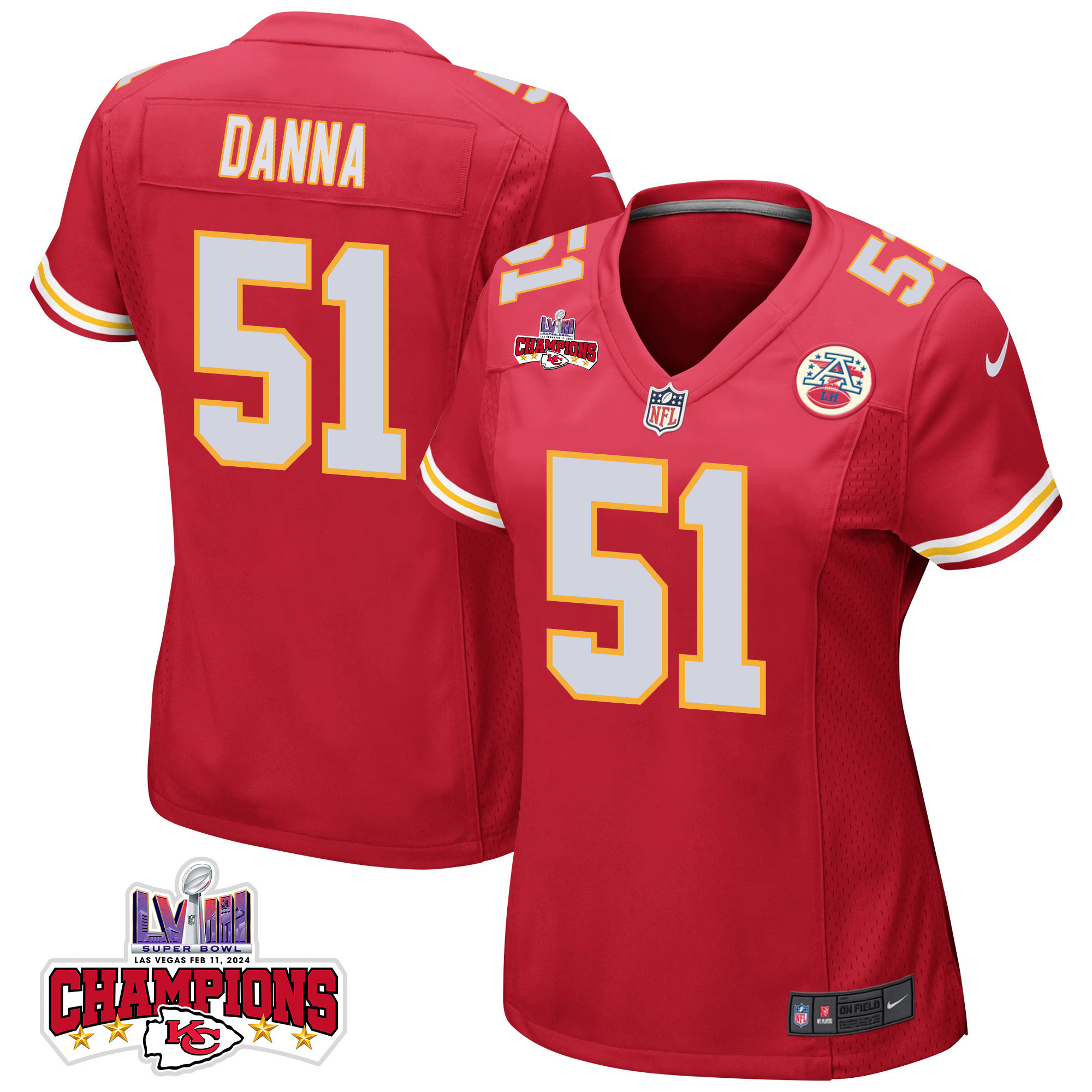 Mike Danna 51 Kansas City Chiefs Super Bowl LVIII Champions 4 Stars Patch Game Women Jersey - Red JS2798 Saliibo